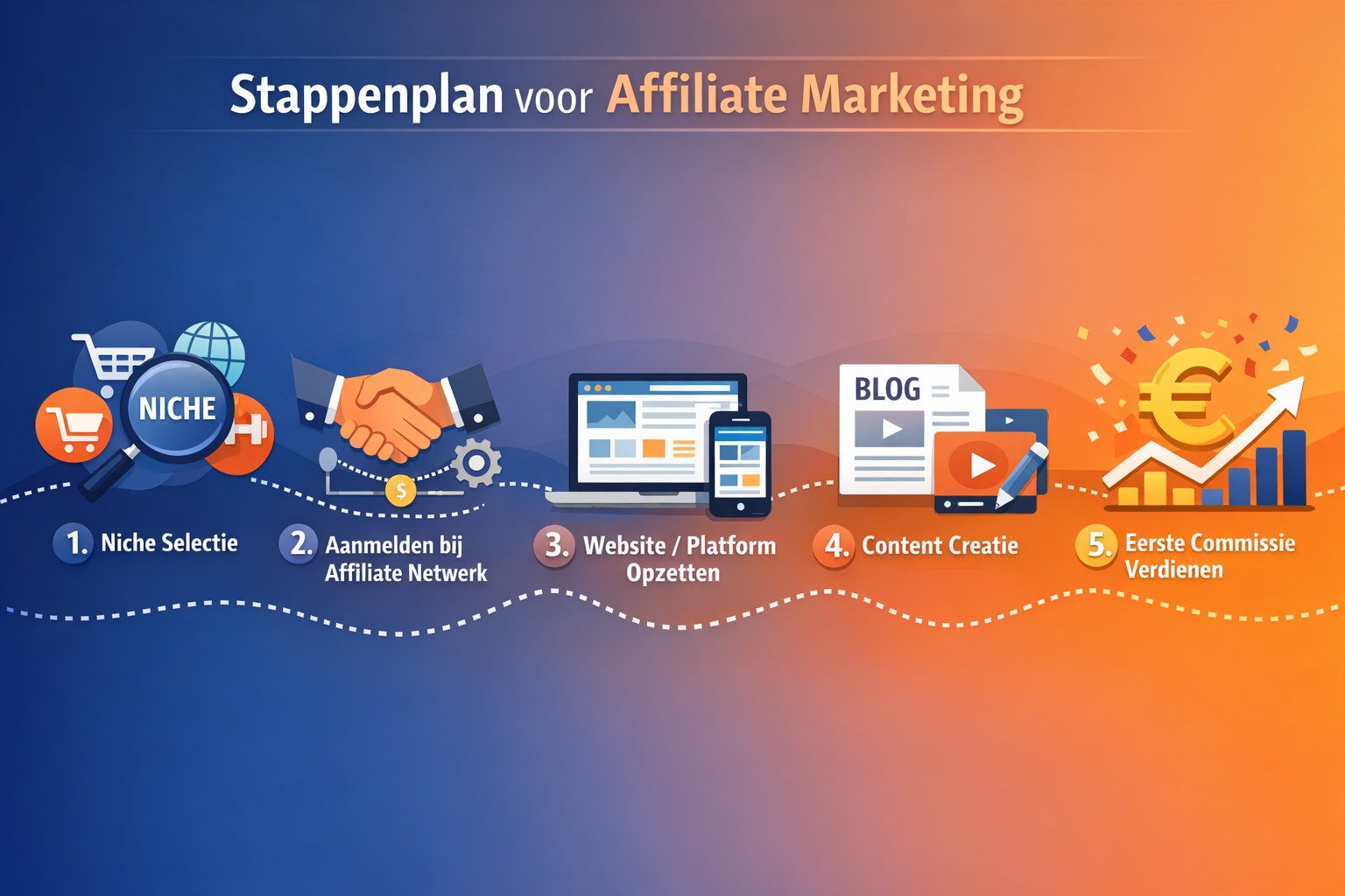 Landscape format (1536x1024) step-by-step visual roadmap illustration for starting affiliate marketing. Numbered pathway (1-5) showing: 1) N