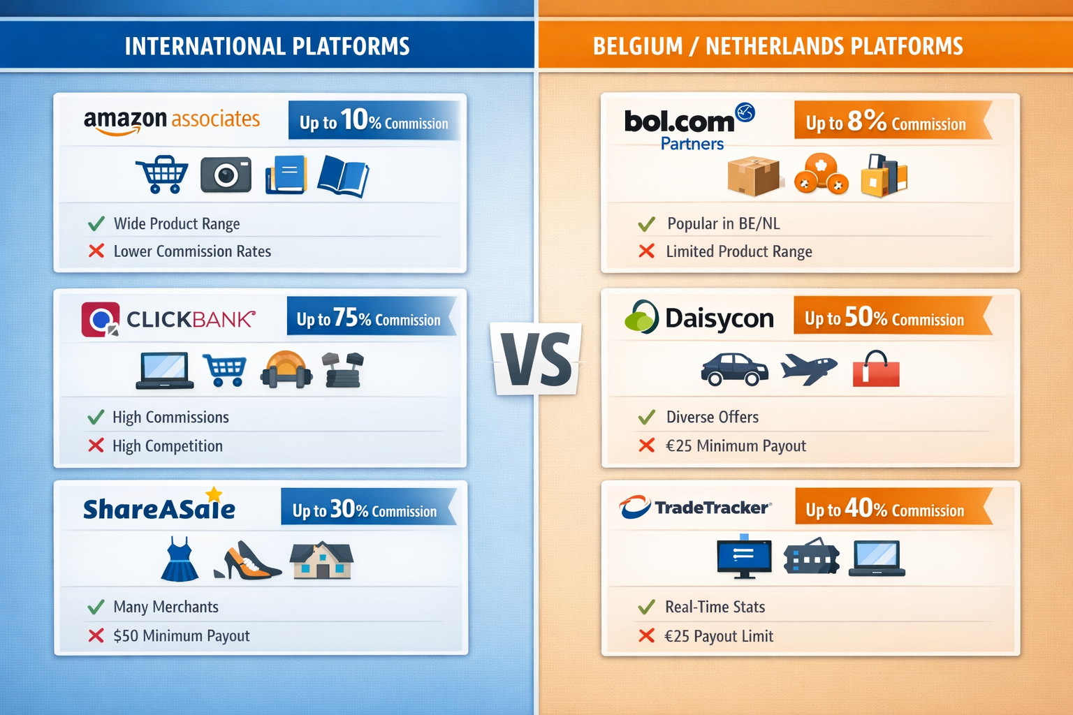 Landscape format (1536x1024) comparison infographic showing affiliate marketing platforms and networks. Split-screen layout: left side displ