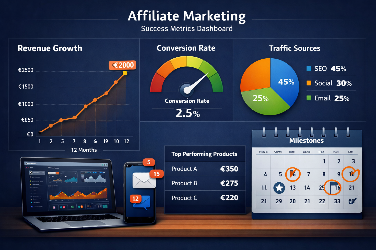Landscape format (1536x1024) success metrics dashboard visualization for affiliate marketing. Main elements: revenue graph showing growth cu