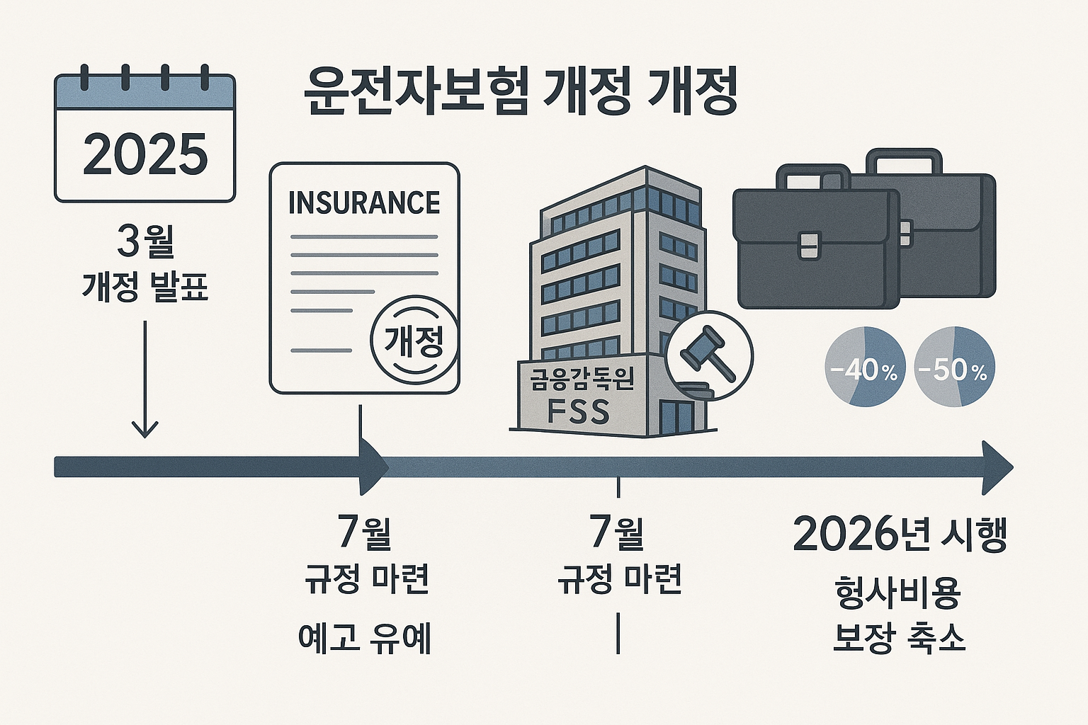 Detailed infographic showing timeline of 운전자보험 개정 process from 2025 to implement