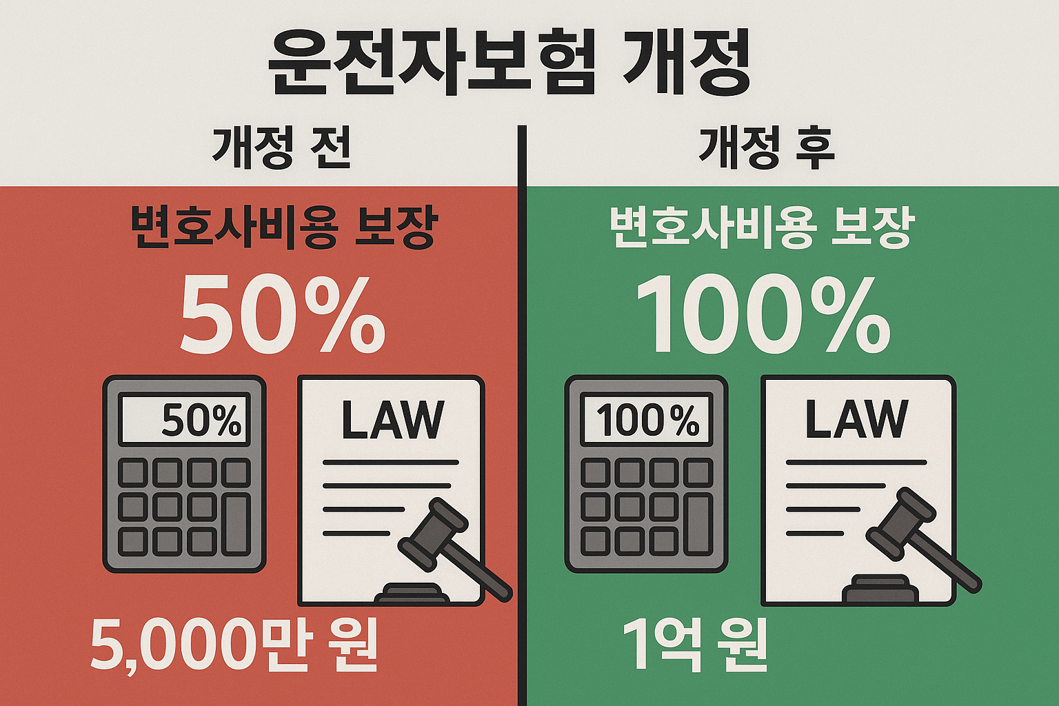 Split-screen comparison chart showing before and after 운전자보험 개정 lawyer fee cover