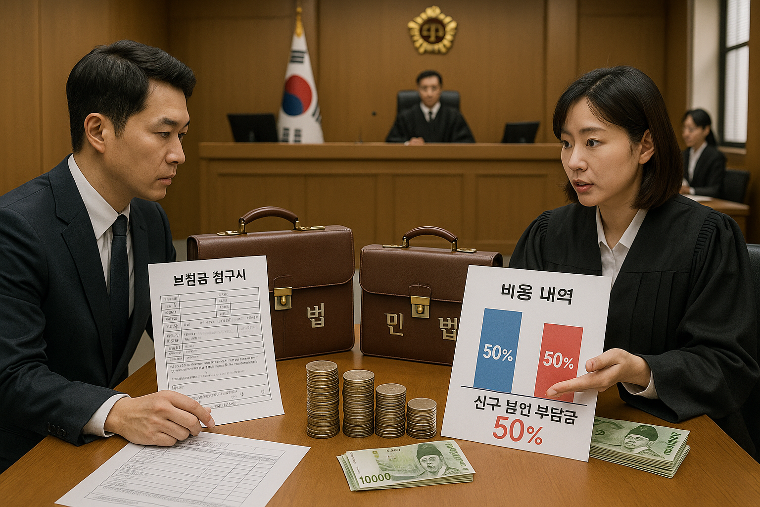 Modern Korean courtroom scene with lawyer consultation imagery, featuring legal