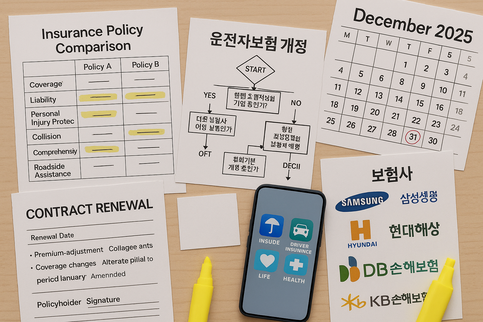Strategic planning workspace showing insurance policy comparison sheets, Korean