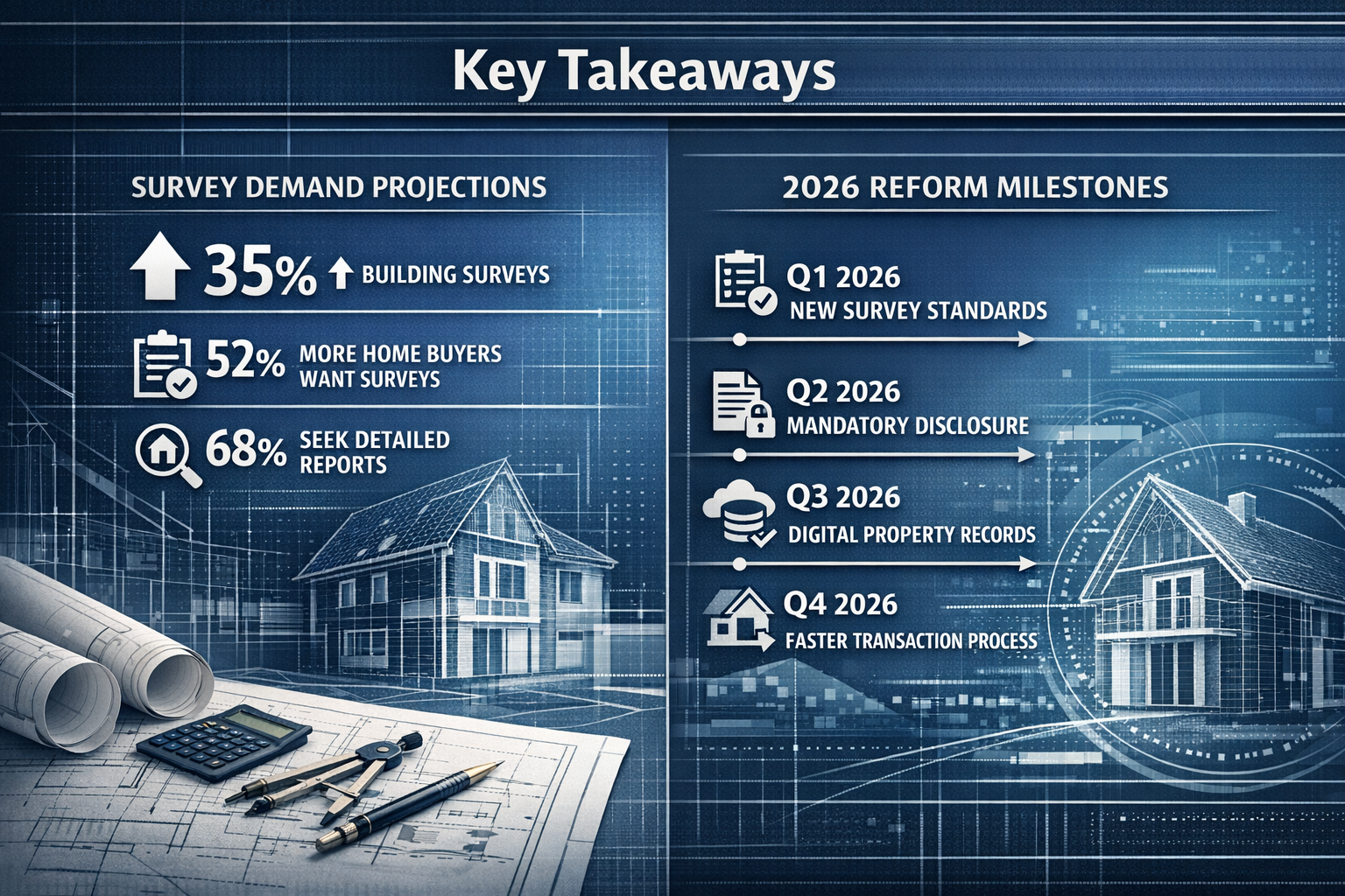 Key Takeaways section infographic: Split-screen landscape visualization featuring a modern architectural blueprint overlaid with key data po