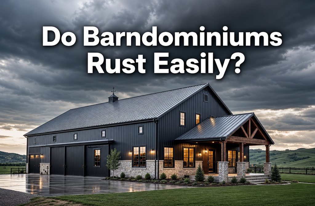 Professional () hero image with : 'Do Barndominiums Rust Easily?' in extra large white with dark drop , centered in upper