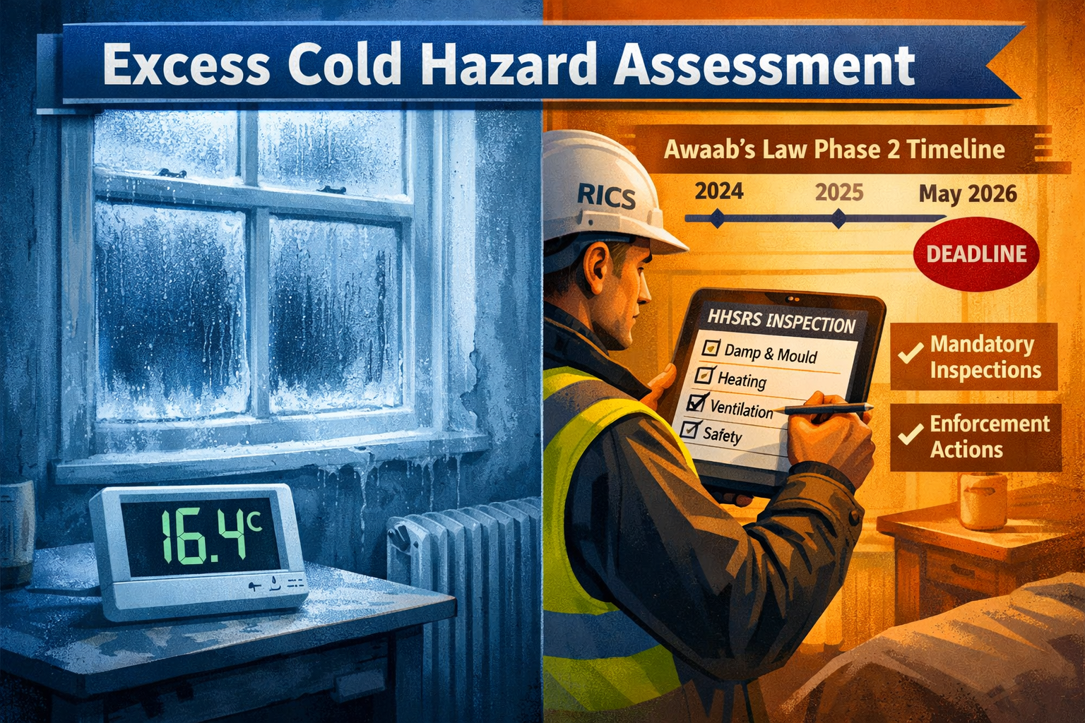 Detailed () editorial illustration showing split-scene: left side depicts a cold UK rental flat interior with frost on