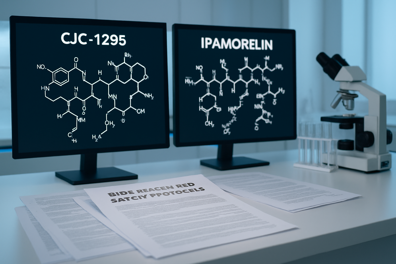 Scientific laboratory setting showing molecular structure diagrams of CJC-1295 and Ipamorelin peptides on digital screens, research papers s