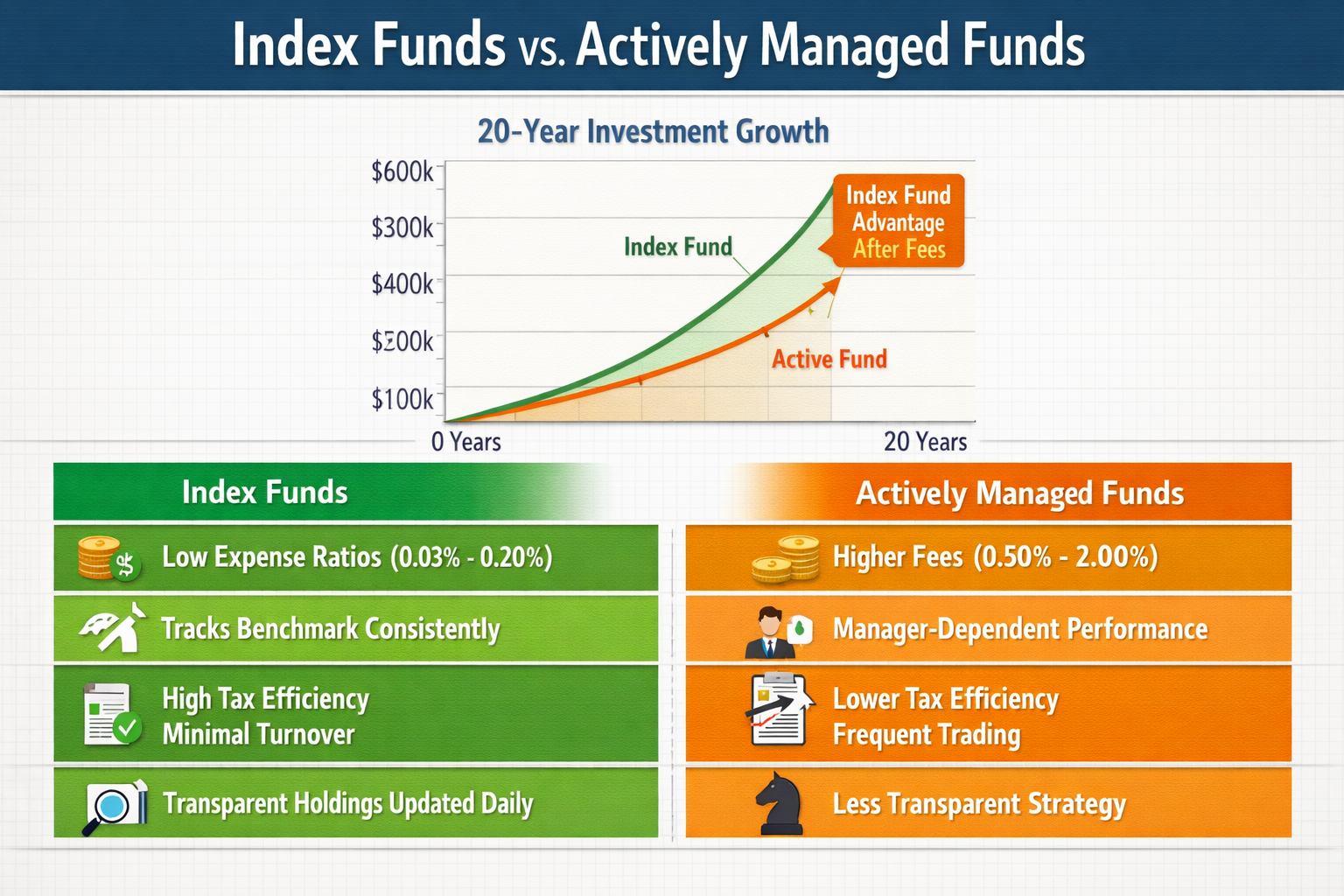 Comprehensive comparison table visualization (1536x1024) showing 'Index Funds vs Actively Managed Funds' with side-by-side analysis. Left co
