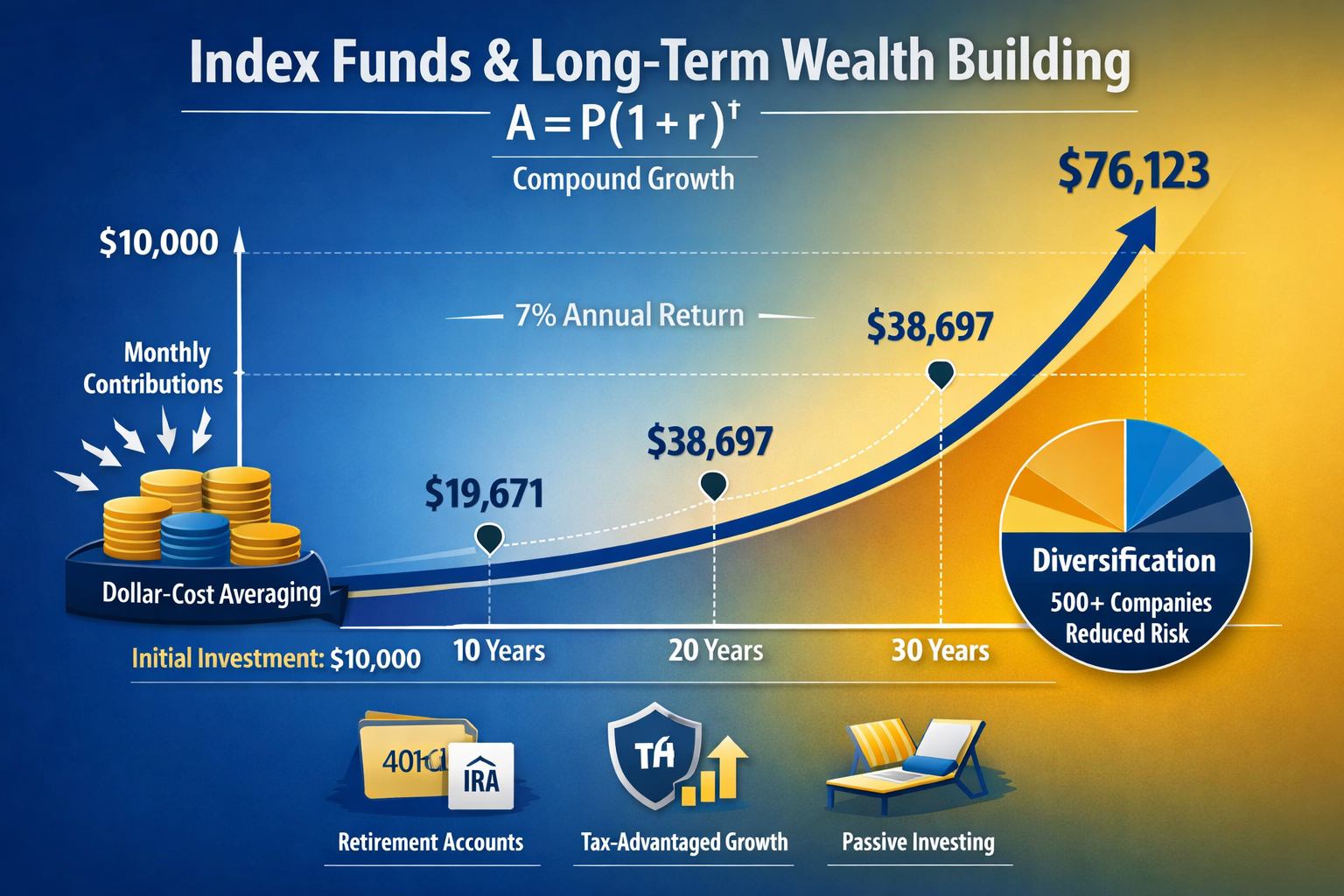 Educational illustration (1536x1024) depicting 'Index Funds and Long-Term Wealth Building' through compound growth visualization. Main eleme