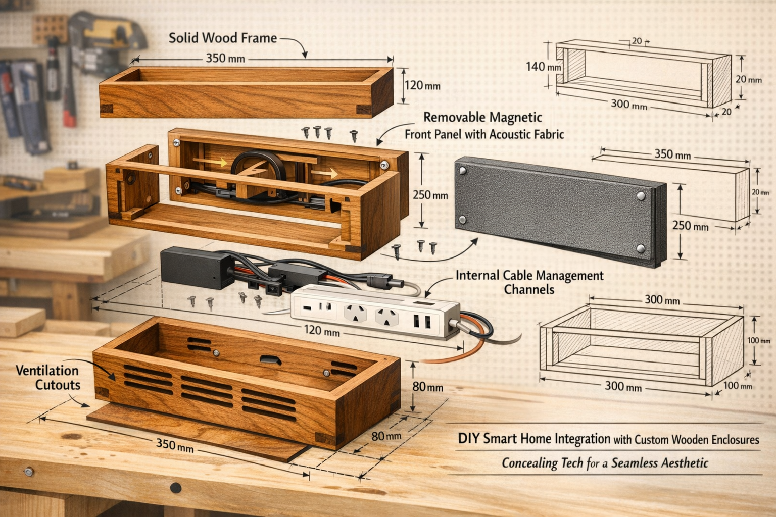 Detailed () image featuring an intricate exploded diagram showing the components of a custom wooden enclosure designed for a