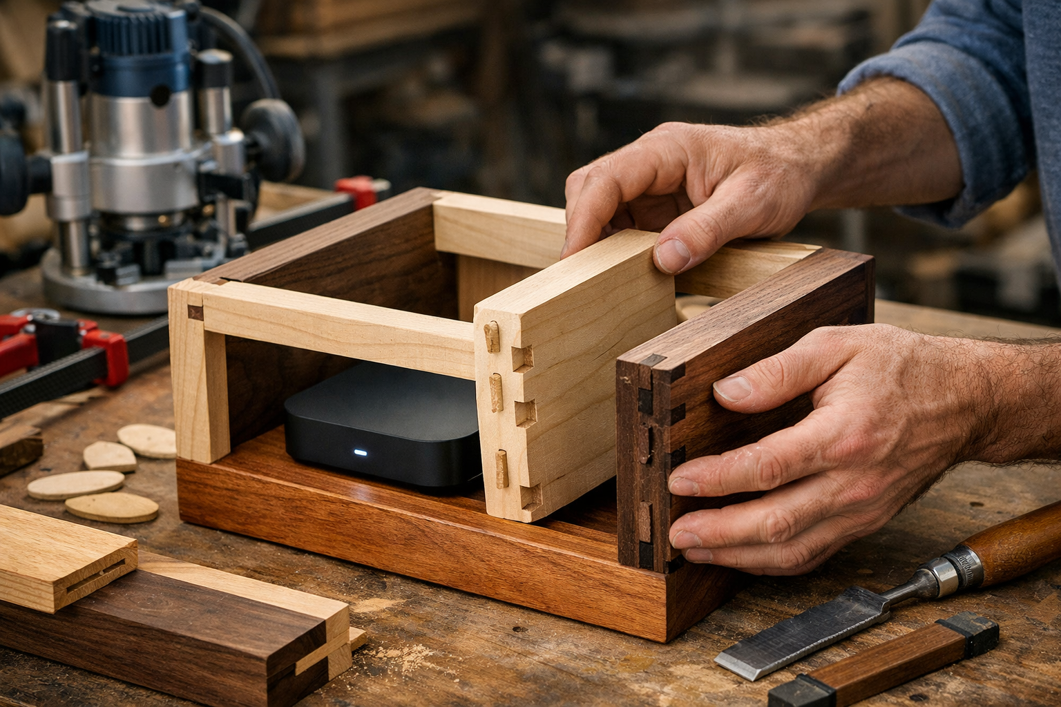 Detailed () image showcasing a craftsman's hands carefully assembling a modular wooden enclosure. Various types of wood