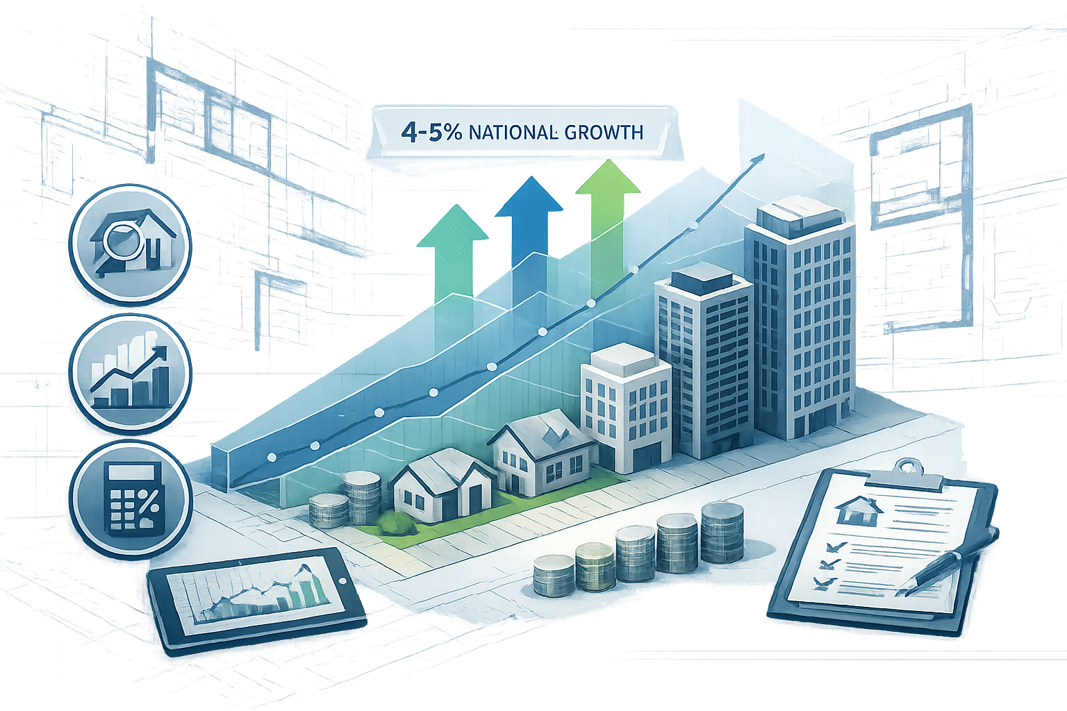 Key Takeaways section visual: Isometric infographic displaying RICS property valuation tools, with color-coded 4-5% national