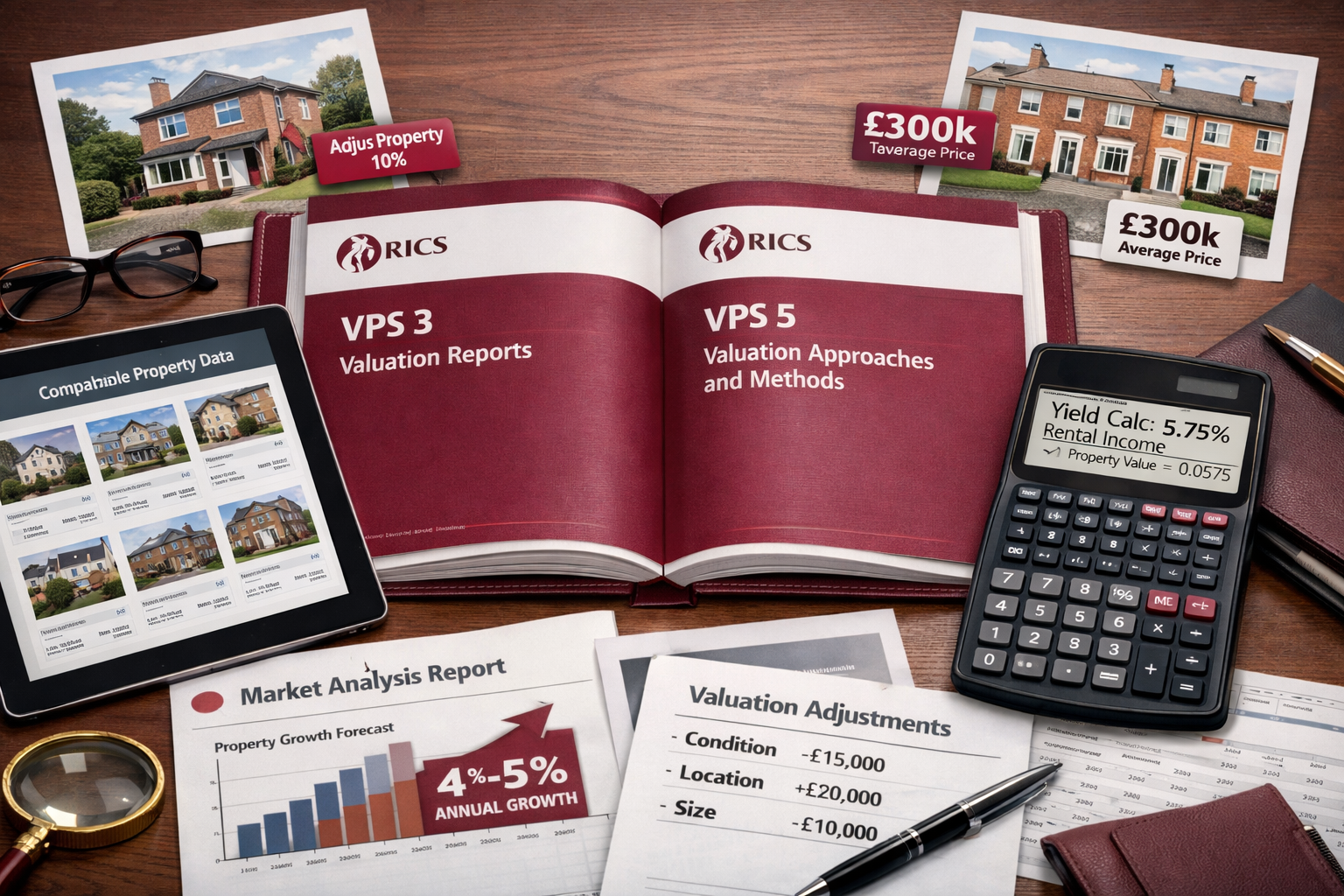 Detailed () image depicting RICS Red Book standards toolkit for property valuation. Central focus shows open Red Book manual