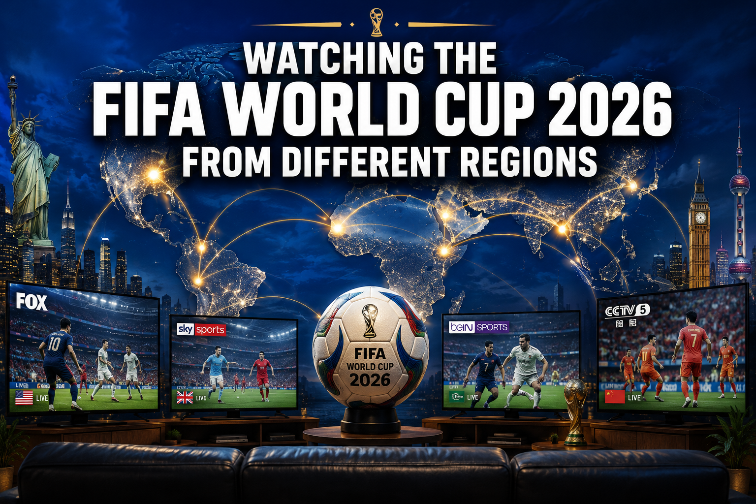 Professional () hero image featuring 'Watching the FIFA World Cup 2026 From Different Regions' in extra large white with