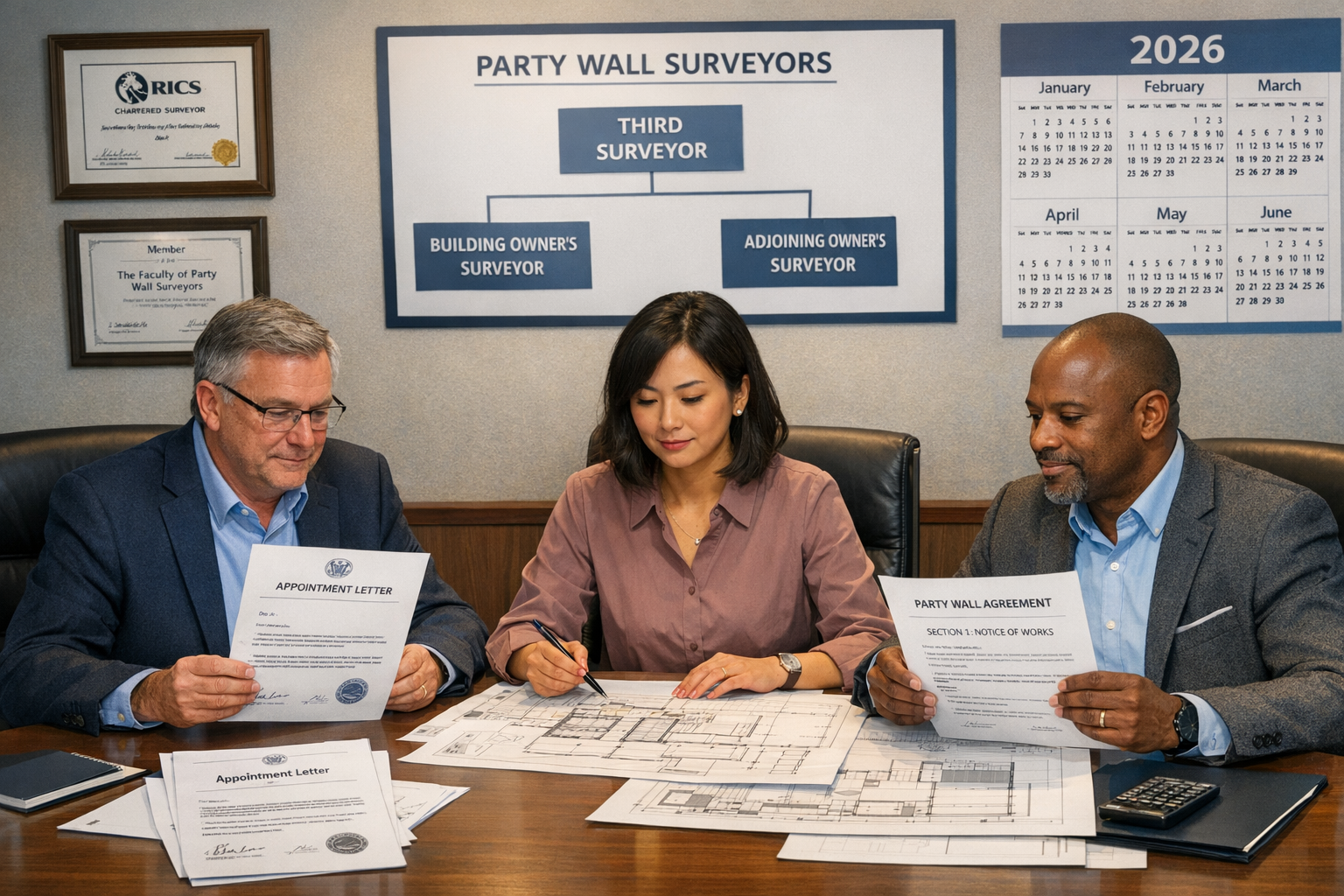 Detailed () image showing a professional meeting room scene with three surveyors seated at a modern conference table