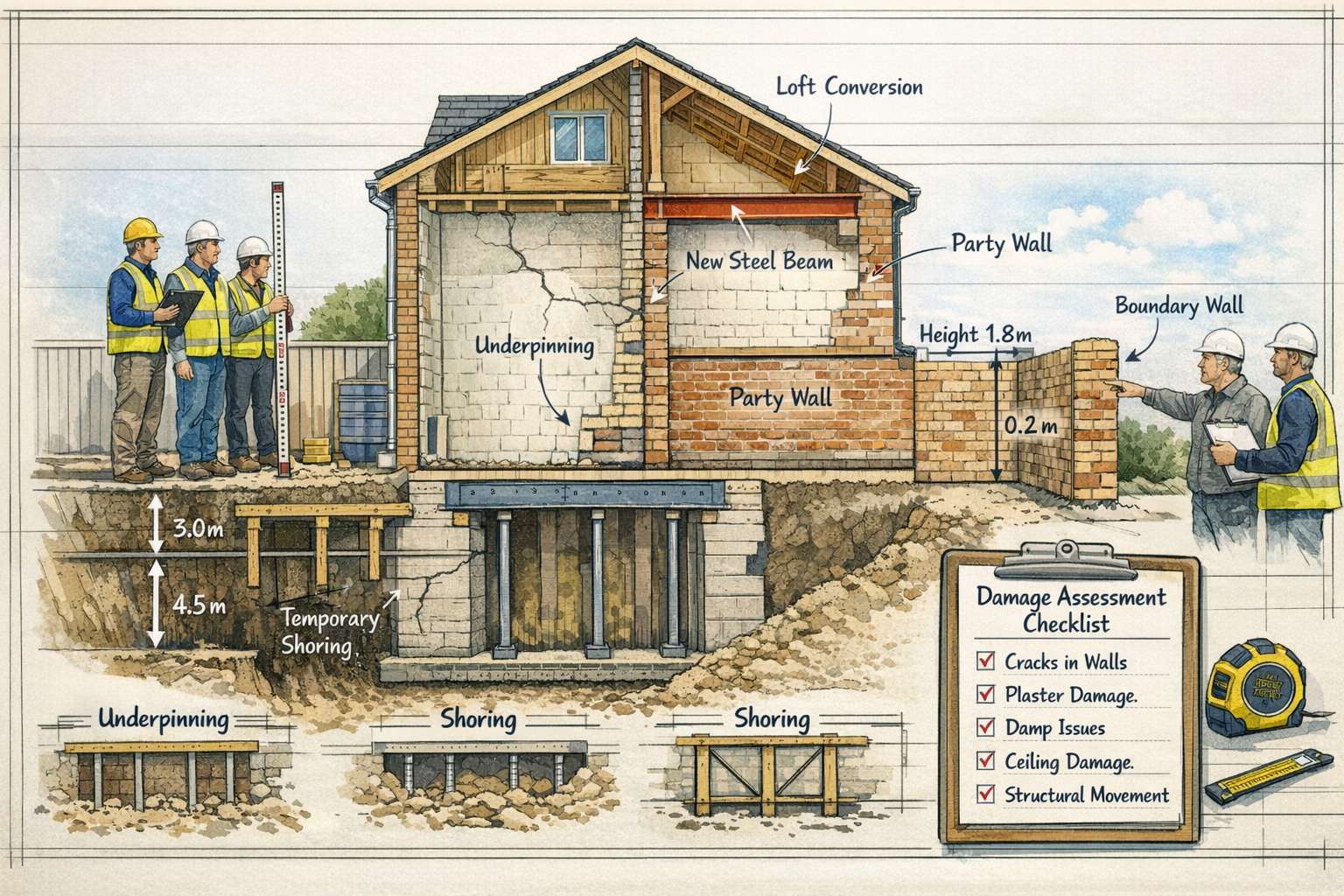Detailed () image depicting a construction site cross-section view showing common party wall dispute scenarios. Visual