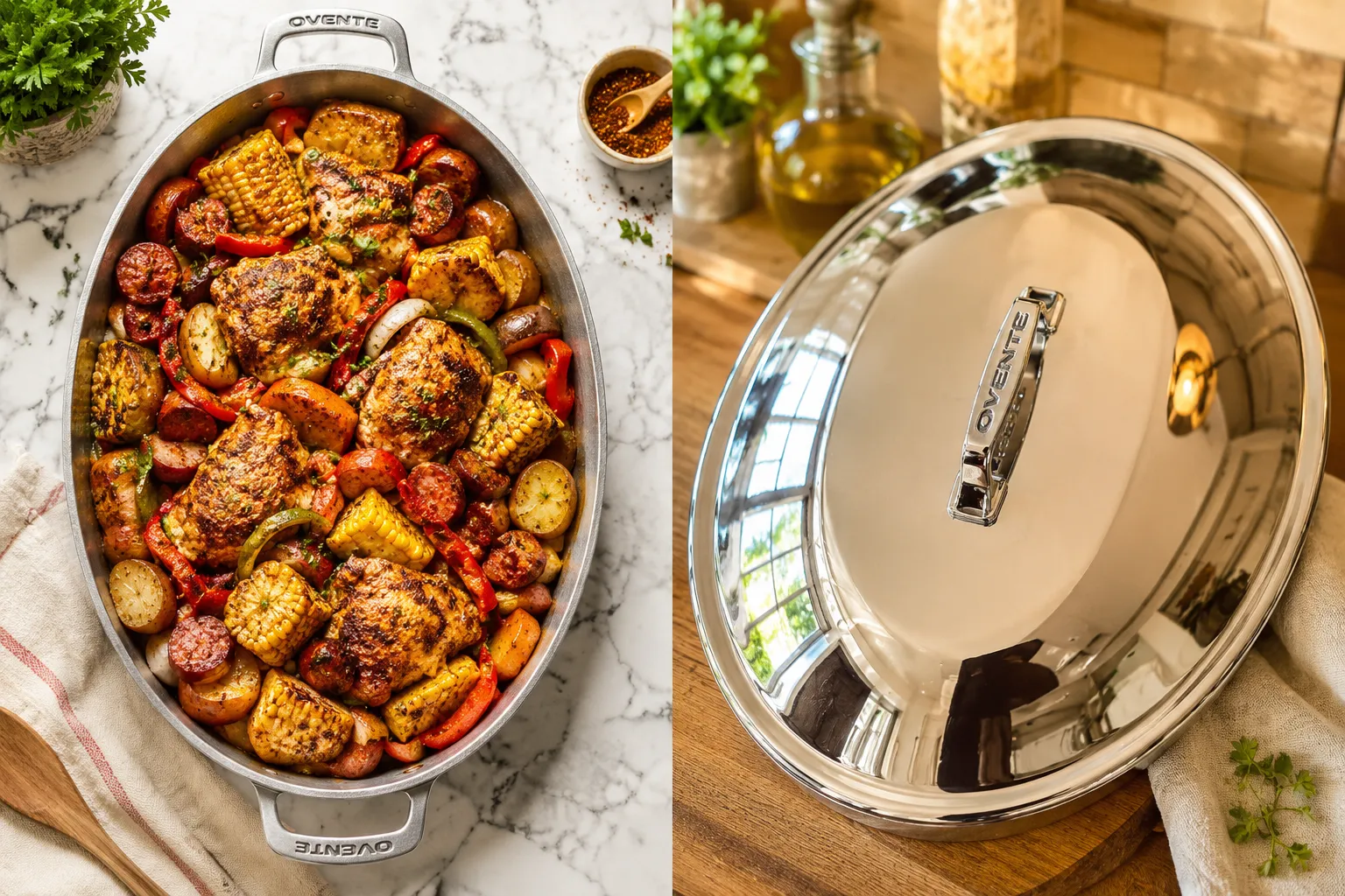 Cajun Cast Aluminum Oval Roaster With Lid Editorial landscape format (1536x1024) split-screen composition: left half shows a bright overhead flat-lay of a cast aluminum oval roaster filled with colorful Cajun-seasoned meats and vegetables on a white marble surface with natural daylight, right half shows a mirror-polished aluminum roaster lid reflecting the kitchen, warm golden tones, crisp studio lighting, Pinterest-worthy food photography aesthetic, any text labels maximum 4 words with 8% safe margins.