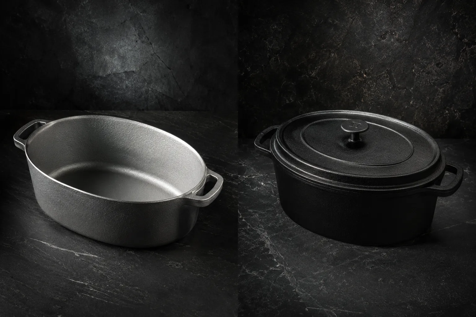 Cajun Cast Aluminum Oval Roaster With Lid Cinematic landscape format (1536x1024) side-by-side product hero shot: left side features a heavy cast aluminum oval roaster with natural interior finish on a dark slate surface, right side shows a traditional cast iron dutch oven in similar oval form, dramatic directional studio lighting creating strong shadows, deep charcoal and silver color palette, high-contrast editorial composition emphasizing material texture differences, no pricing text, magazine-quality product photography. How to Season, Clean, and Maintain a Cajun Cast Aluminum Oval Roaster
