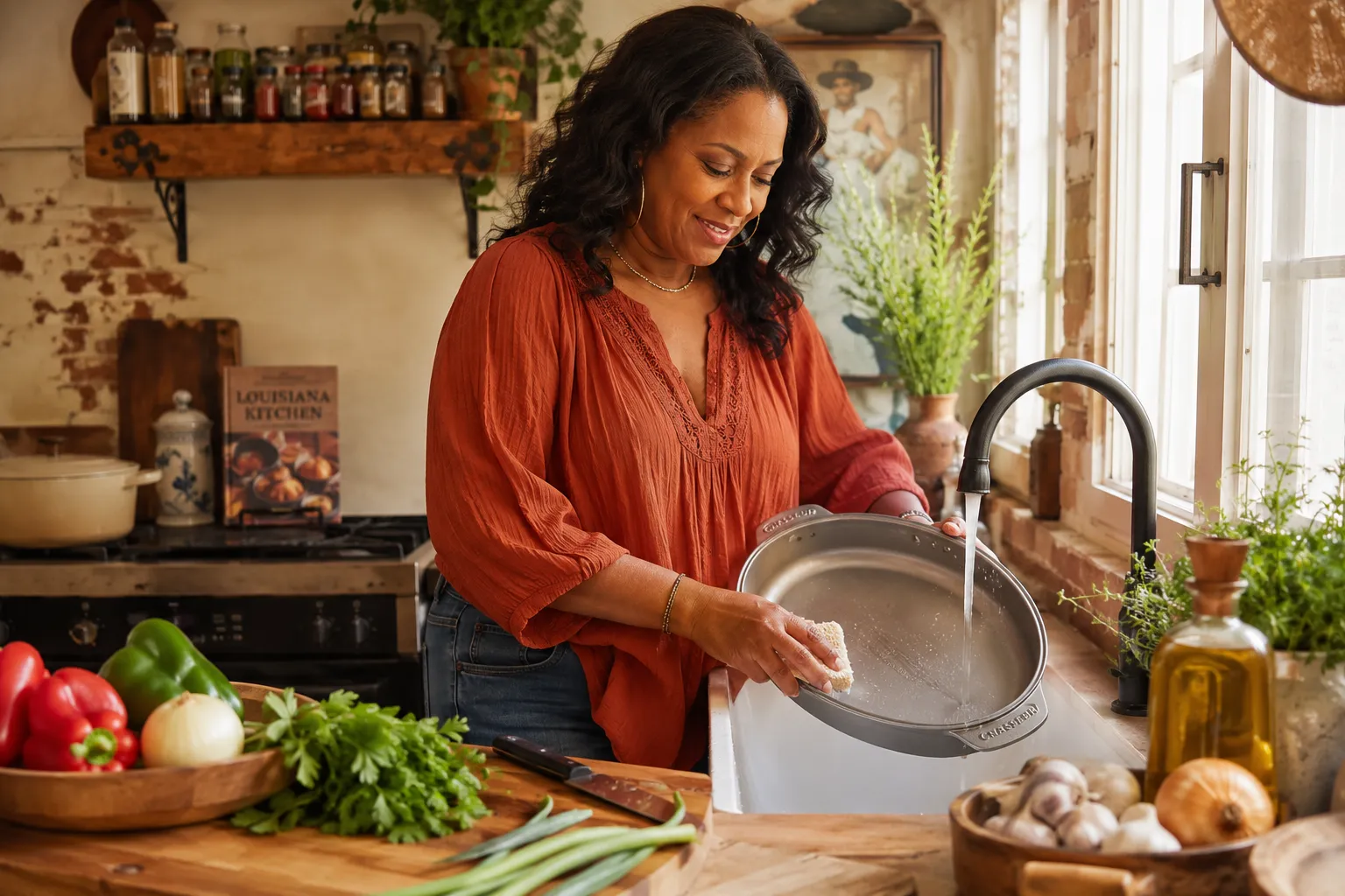 Cajun Cast Aluminum Oval Roaster With Lid Natural daylight landscape format (1536x1024) editorial photograph of a warm Louisiana-inspired kitchen scene: a woman of African American descent in her 40s gently hand-washing a gleaming cast aluminum oval roaster at a farmhouse sink, bright window light streaming in, fresh herbs and Cajun spices visible on the counter, warm terracotta and cream color palette, shallow depth of field, lifestyle photography aesthetic, inviting and authentic home kitchen feel.