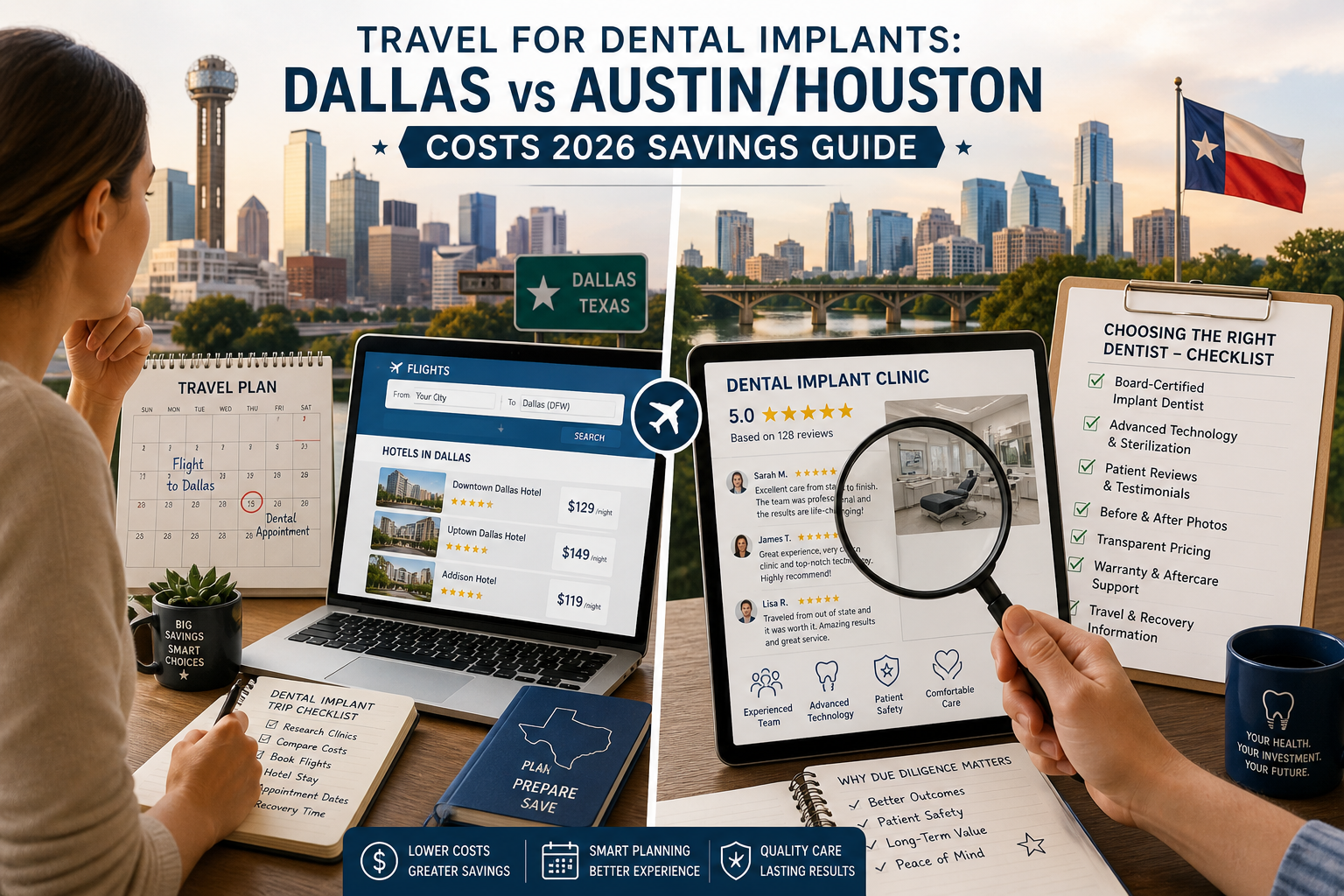 A split-screen image depicting practical aspects of planning dental implant travel. One side shows a patient at a desk,