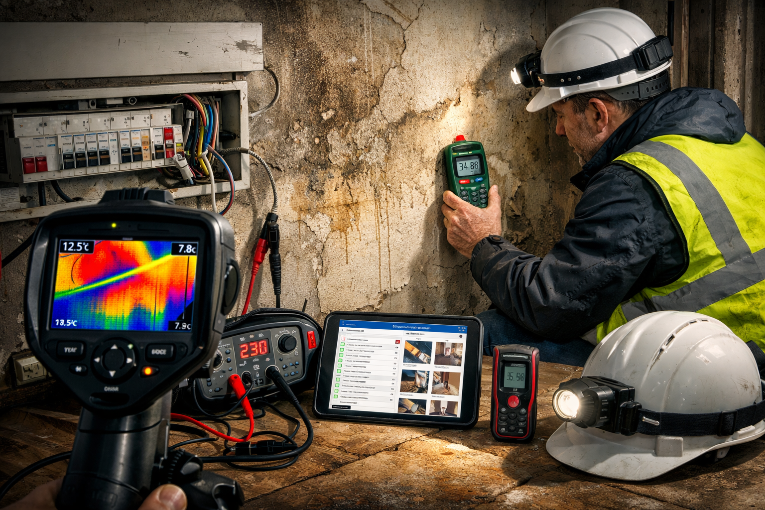 Detailed () image depicting professional surveyor conducting comprehensive Level 3 building survey inspection with multiple