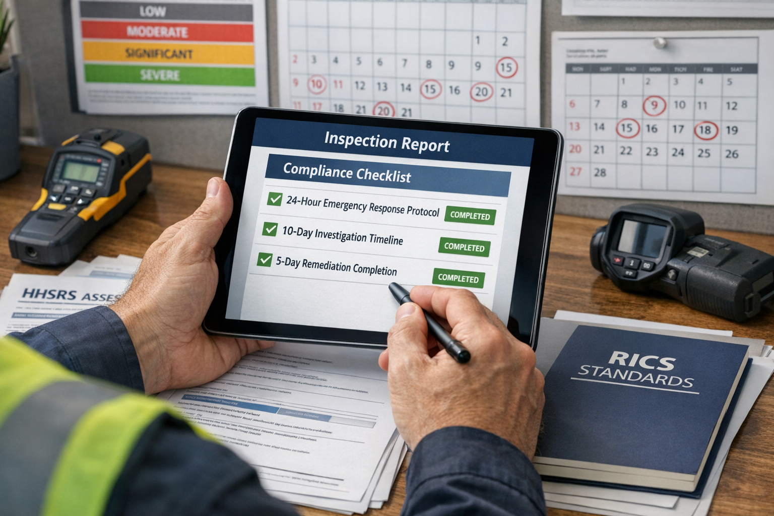 Detailed () image showing close-up of professional surveyor's hands completing detailed inspection report on tablet device
