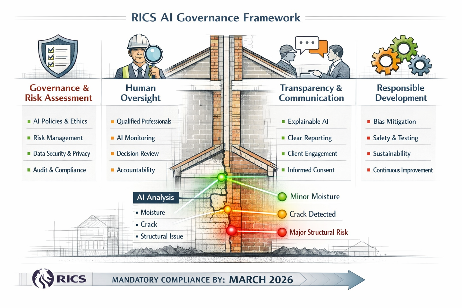 () detailed infographic showing the four core pillars of RICS AI governance framework as vertical columns with icons: