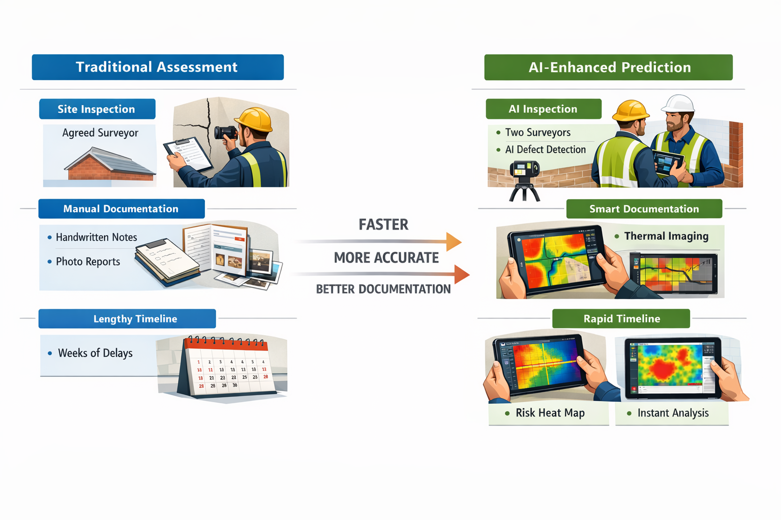 () comparative workflow diagram showing two parallel processes: traditional party wall dispute assessment on left versus