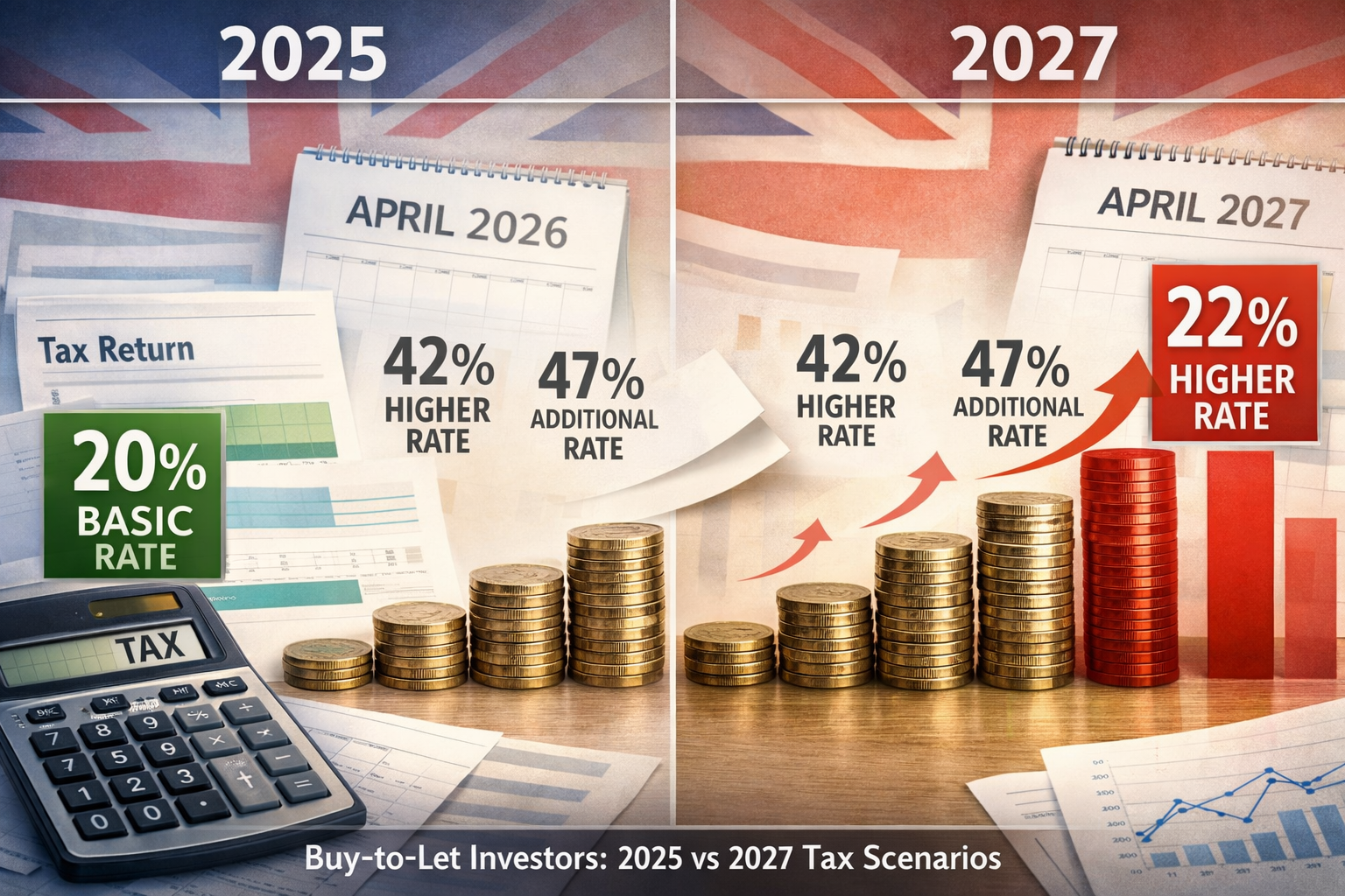 Detailed landscape format (1536x1024) editorial image showing split-screen composition comparing 2025 versus 2027 tax scenarios for buy-to-l