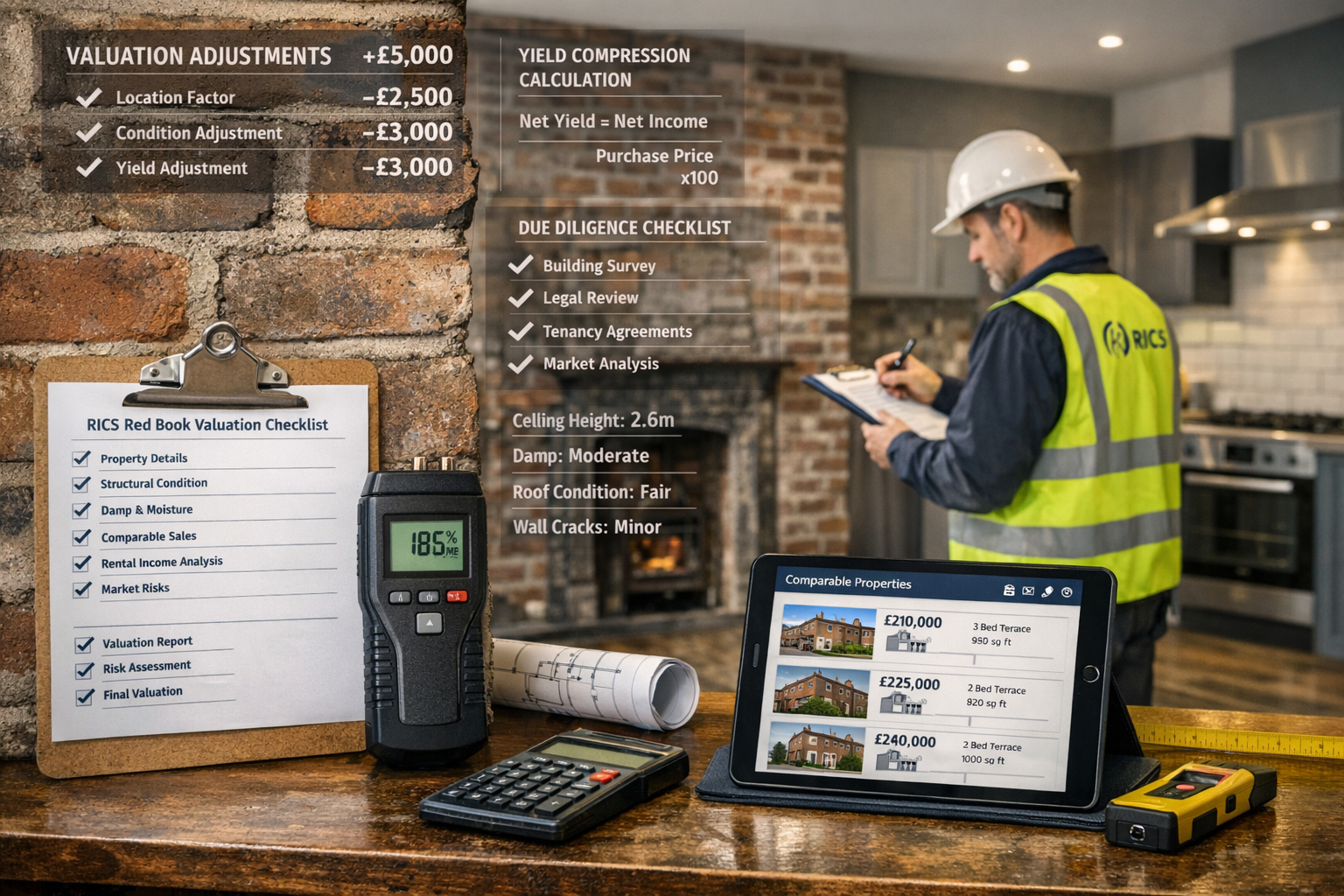 Detailed landscape format (1536x1024) professional image depicting RICS surveyor conducting detailed property inspection in northern England