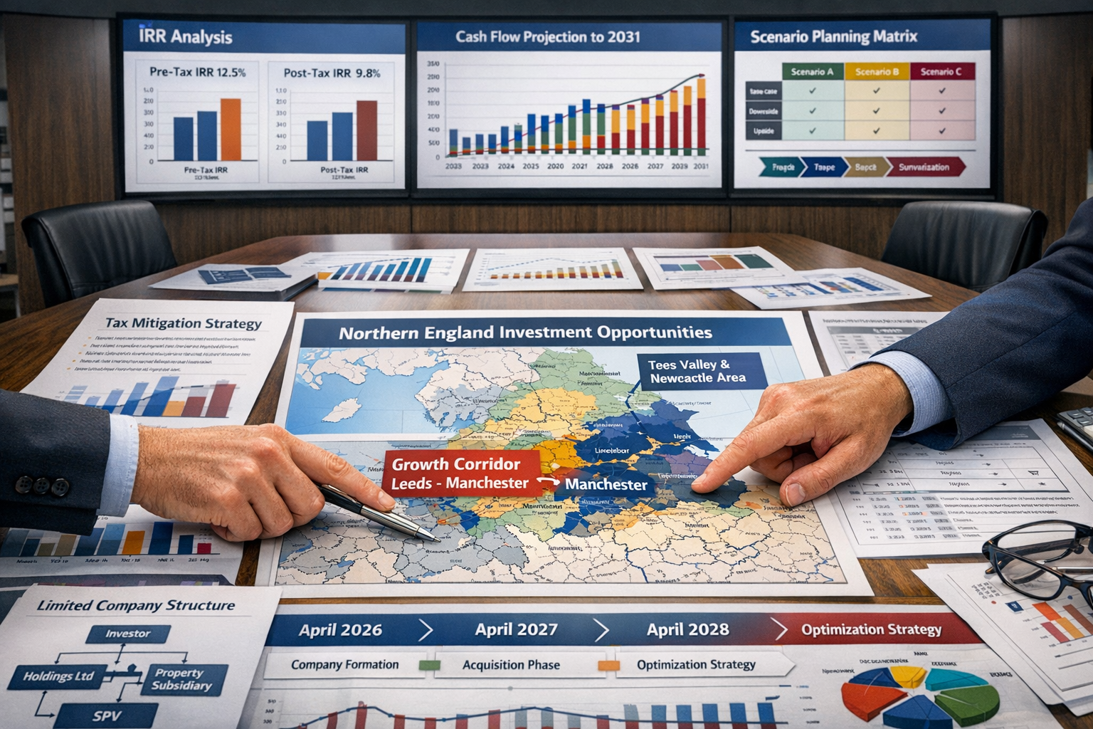 Detailed landscape format (1536x1024) strategic planning image showing institutional investor portfolio optimization session. Central focus