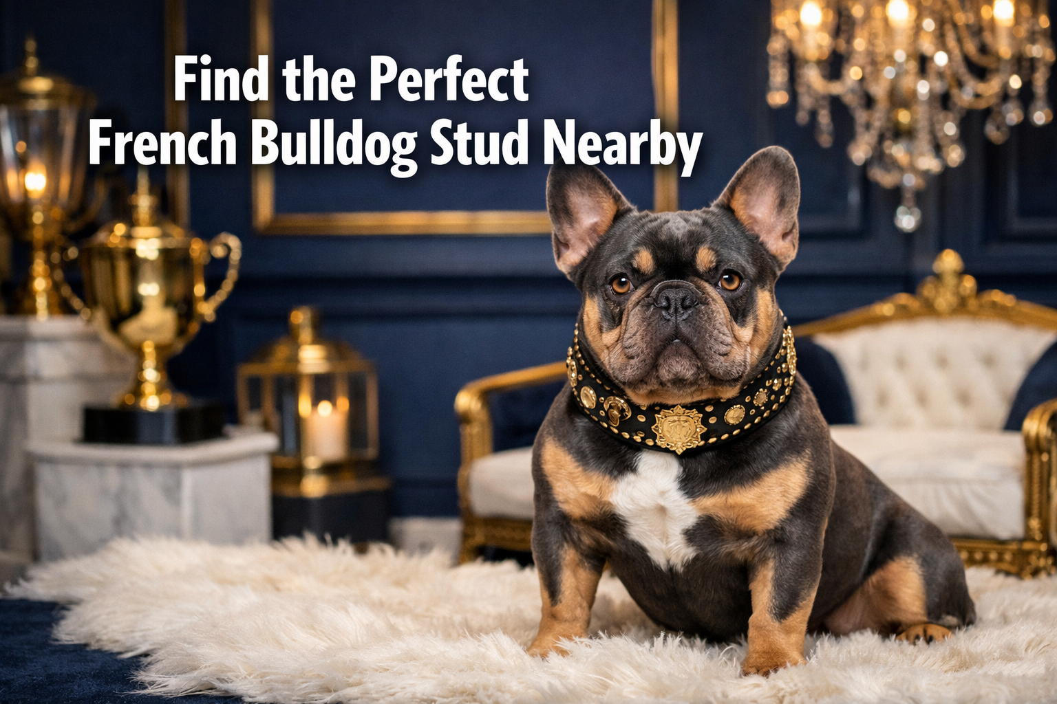 Professional landscape format (1536x1024) hero image featuring bold text overlay 'Find the Perfect French Bulldog Stud Nearby' in extra larg