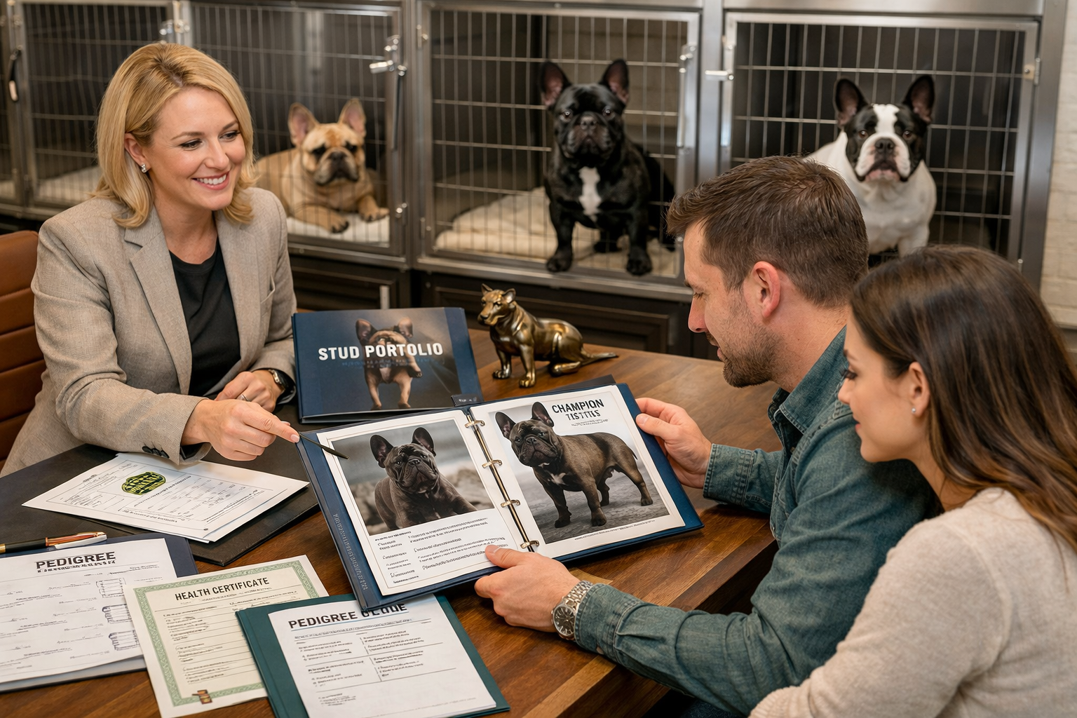 Detailed landscape format (1536x1024) image showing professional French bulldog breeder consultation scene with potential clients reviewing 