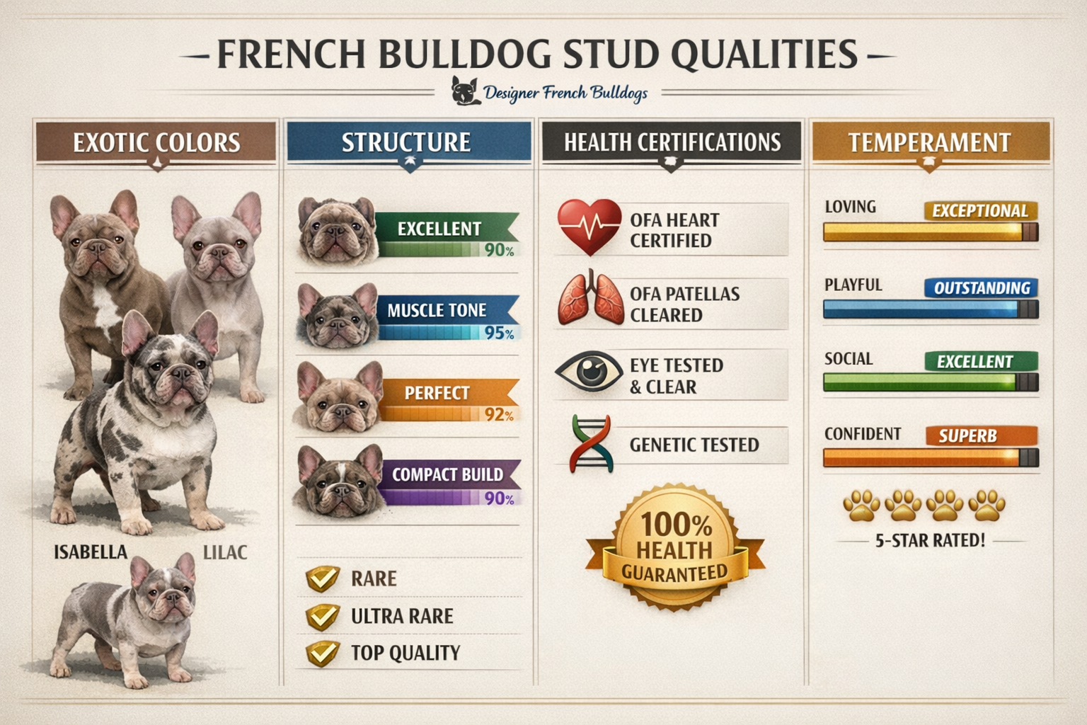 Landscape format (1536x1024) visual comparison chart displaying different French bulldog stud qualities side by side - exotic colors (isabel