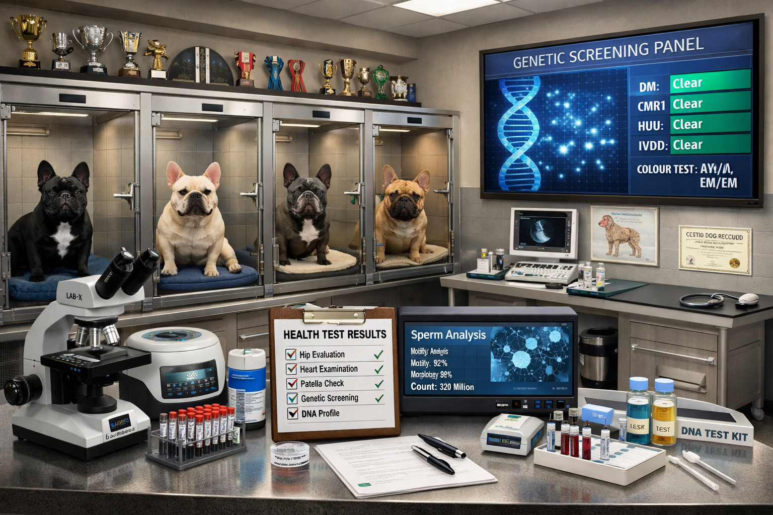 Professional landscape format (1536x1024) image of premium French bulldog stud service facility showing multiple champion studs in spacious,