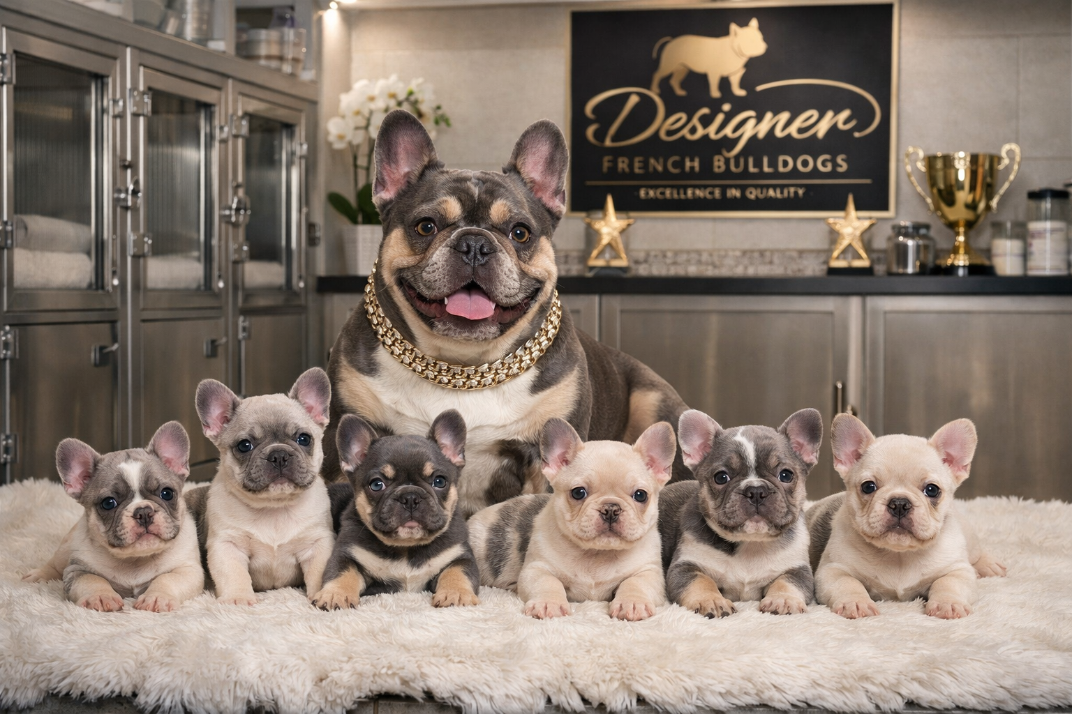 Landscape format (1536x1024) image depicting successful French bulldog breeding outcome - healthy puppies with their champion stud father in