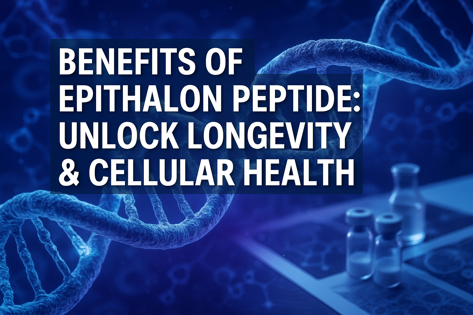 Professional landscape hero image (1536x1024) featuring bold text overlay 'Benefits of Epithalon Peptide: Unlock Longevity & Cellular Health