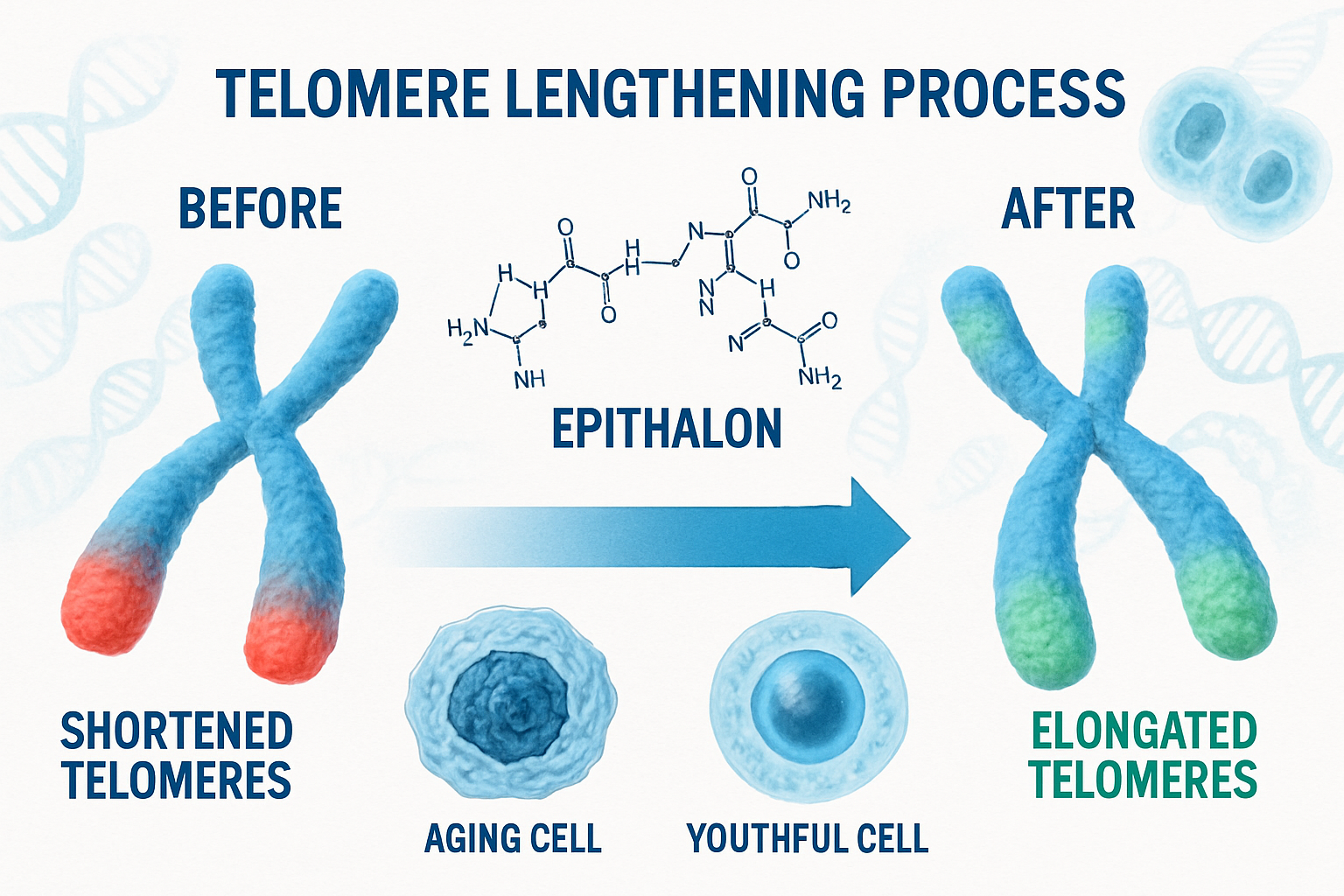 Detailed landscape editorial image (1536x1024) showing scientific illustration of telomere lengthening process with before and after compari