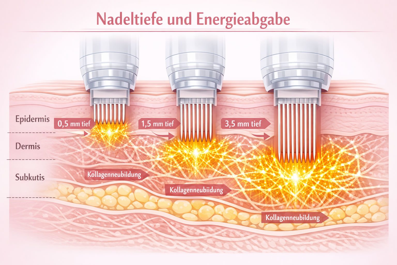 Detailliertes Querformat () Infografik-Stil: Querschnitt der Hautschichten (Epidermis, Dermis, Subkutis) mit eingezeichneten