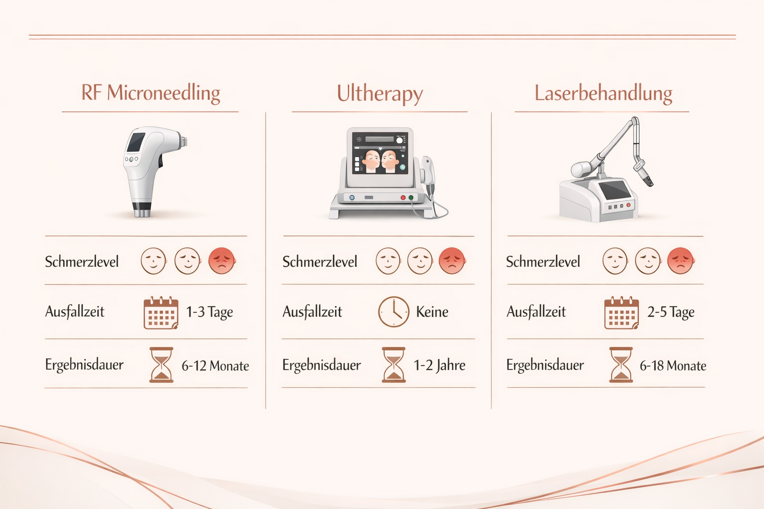 Detailliertes Querformat (): Vergleichstabelle als elegante visuelle Darstellung – drei Spalten mit Überschriften 'RF