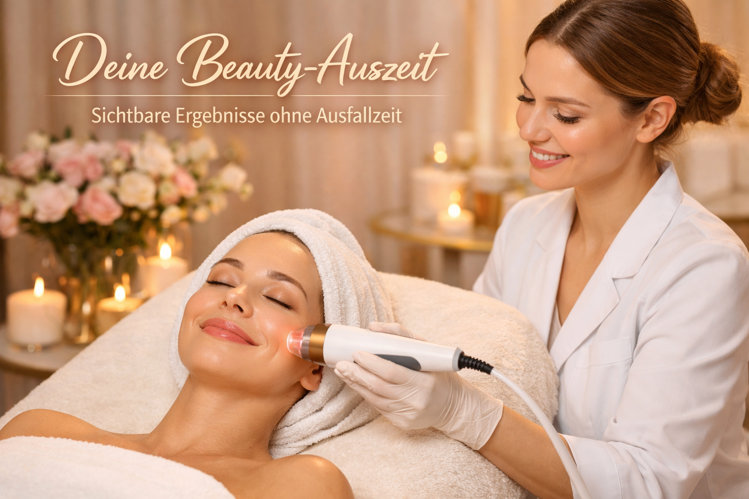 Detailliertes Querformat (): Gemütliche Behandlungsszene in einem luxuriösen Kosmetikstudio – eine entspannte Kundin liegt