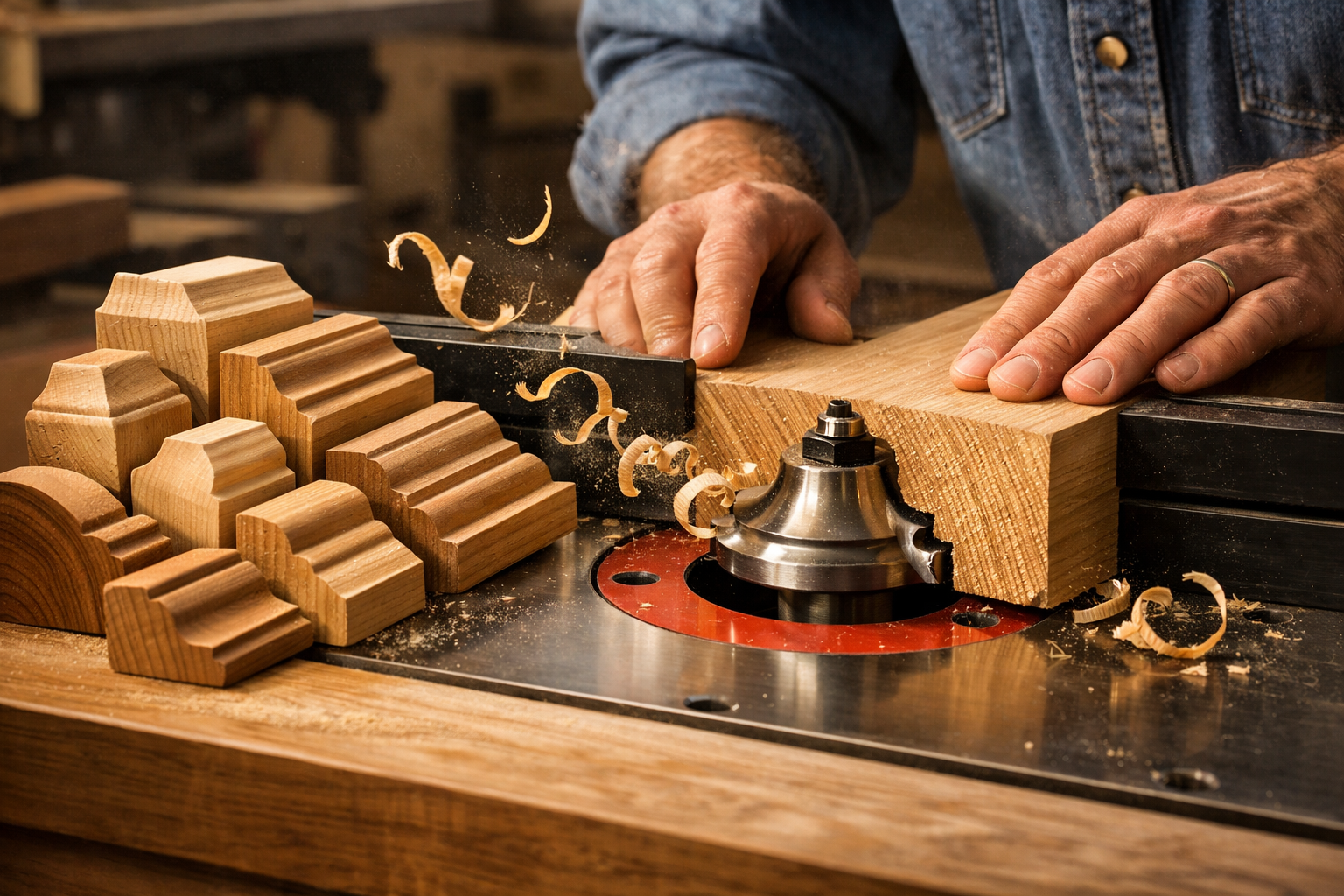 A () image depicting the process of creating custom molding profiles using a router table. The visual should feature a