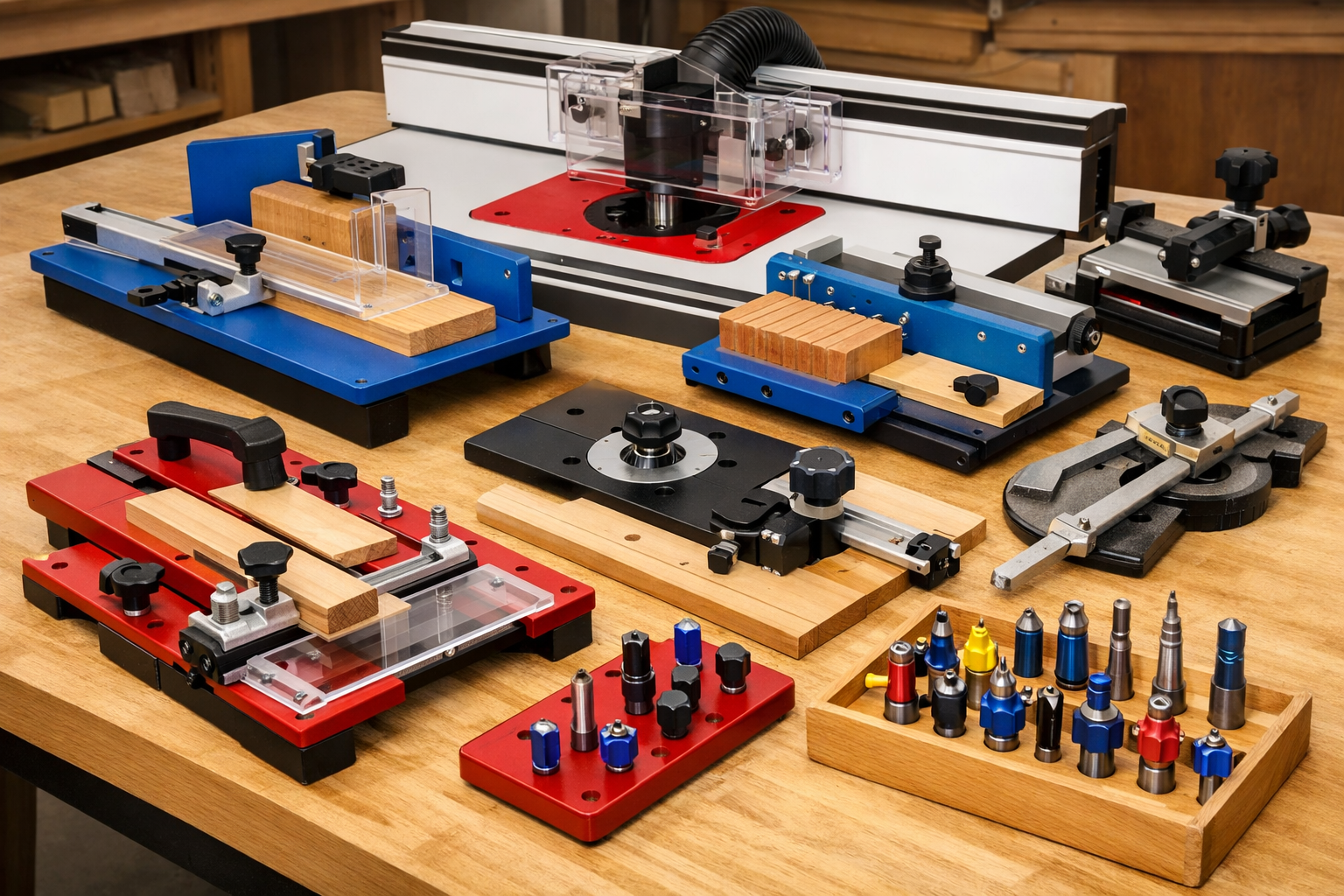 A vibrant () image illustrating various advanced router table jigs and accessories. The central focus is a well-organized