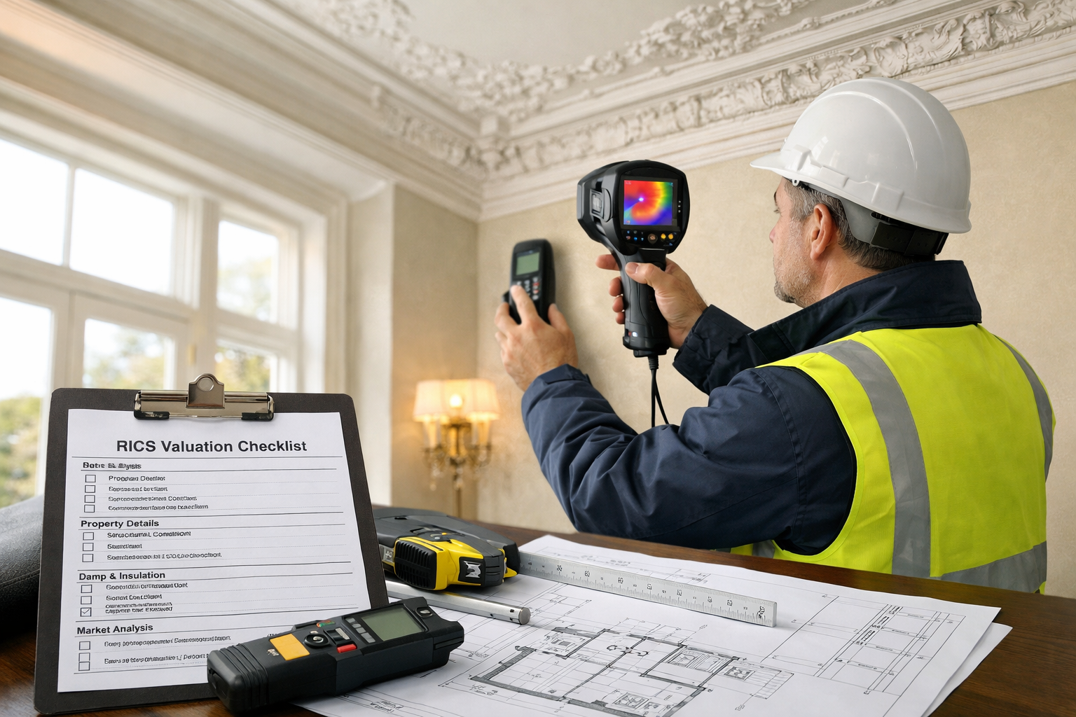 Landscape format (1536x1024) professional surveyor conducting detailed building assessment inside high-value property, using thermal imaging