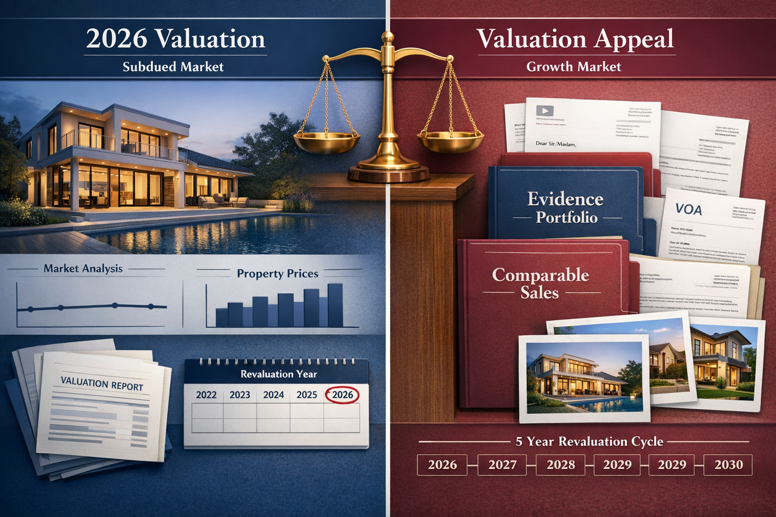 Landscape format (1536x1024) split-screen comparison visual showing same luxury property valued in subdued market conditions versus growth m