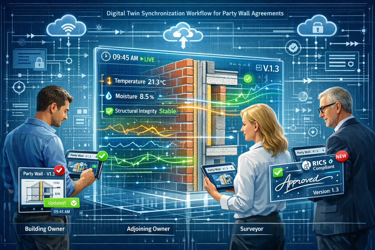 () detailed illustration showing digital twin synchronization workflow for party wall agreements. Central focus on large