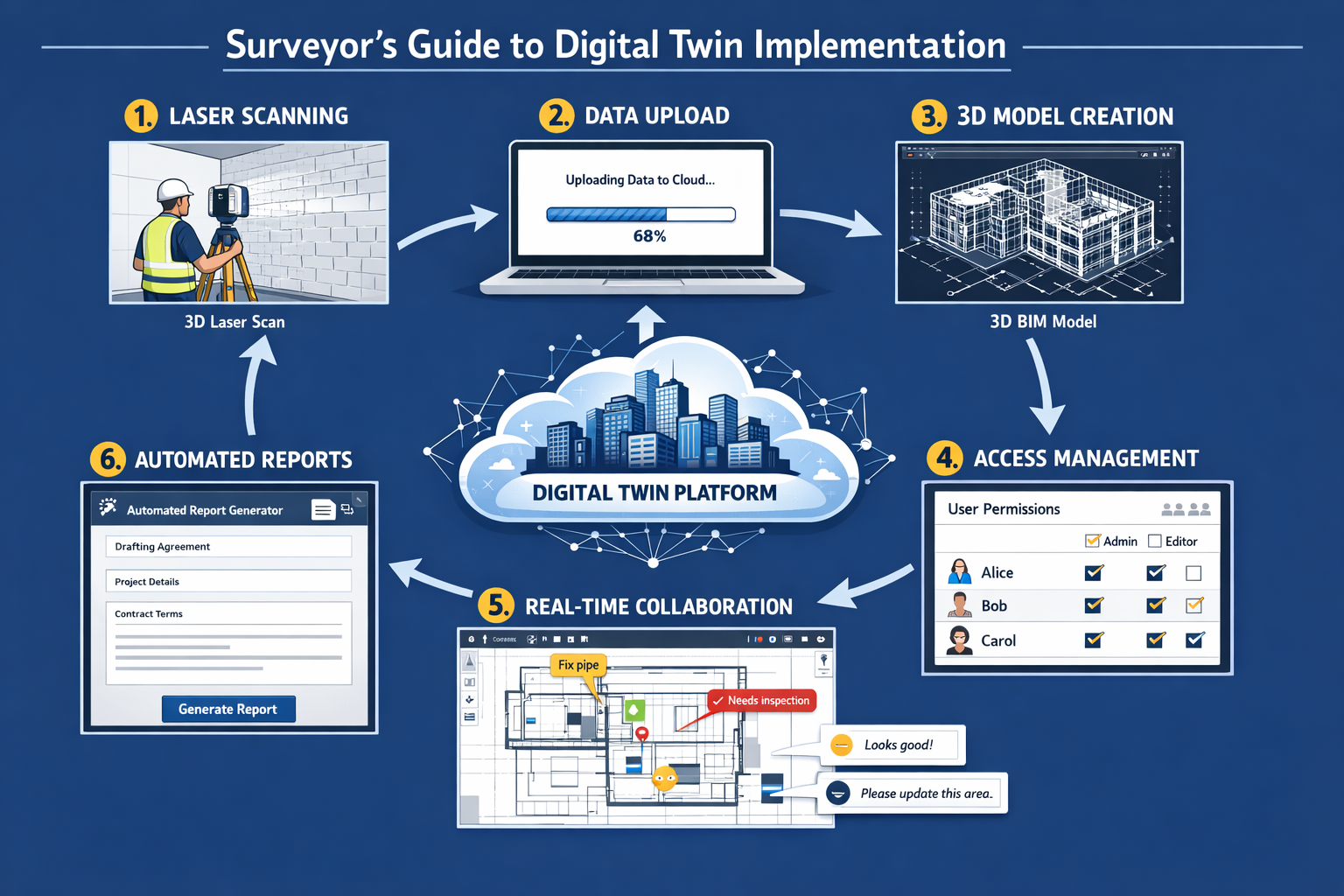 () comprehensive infographic showing step-by-step surveyor tutorial for implementing digital twin platforms. Layout: