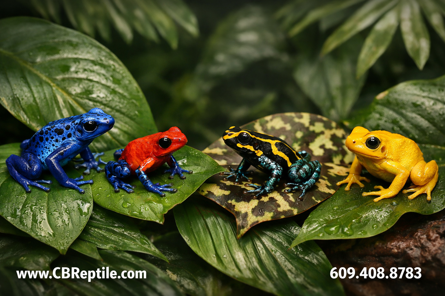Wide landscape photograph of multiple species of poison dart frogs arranged on tropical foliage: Dendrobates tinctorius