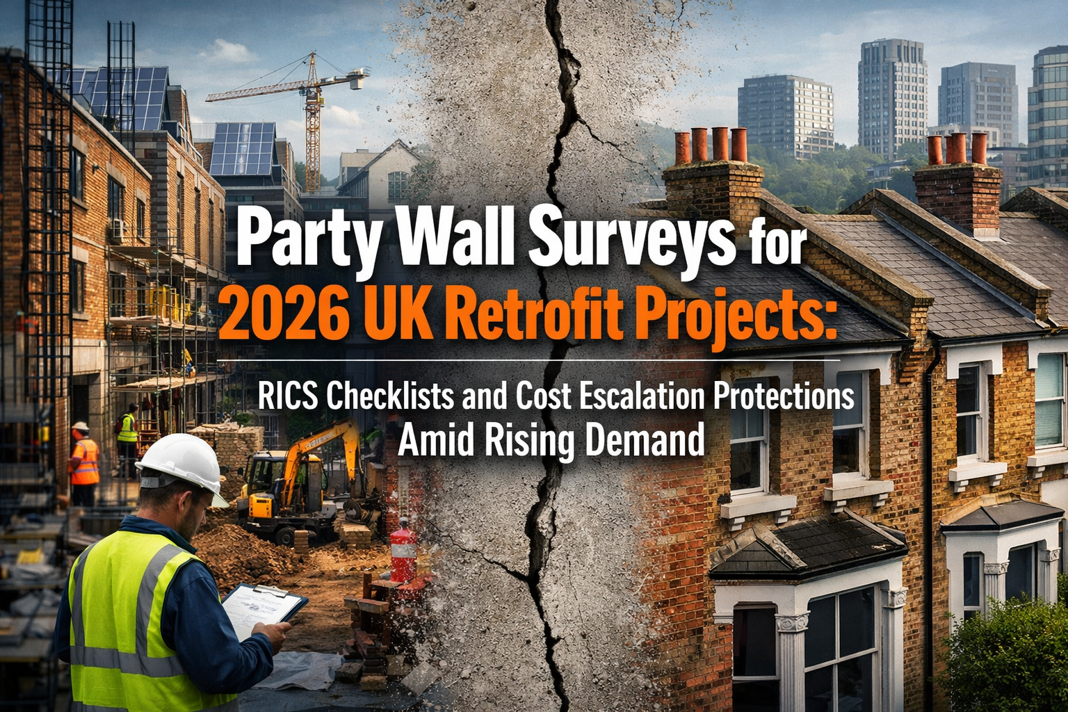 Professional landscape hero image (1536x1024) with bold text overlay: "Party Wall Surveys for 2026 UK Retrofit Projects: RICS Checklists and
