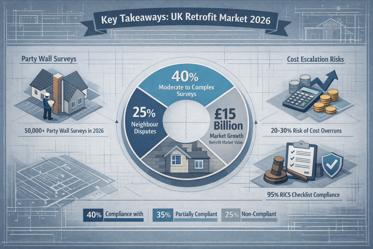Key Takeaways infographic visualizing UK retrofit market data for 2026, featuring isometric icons representing party wall surveys, cost esca